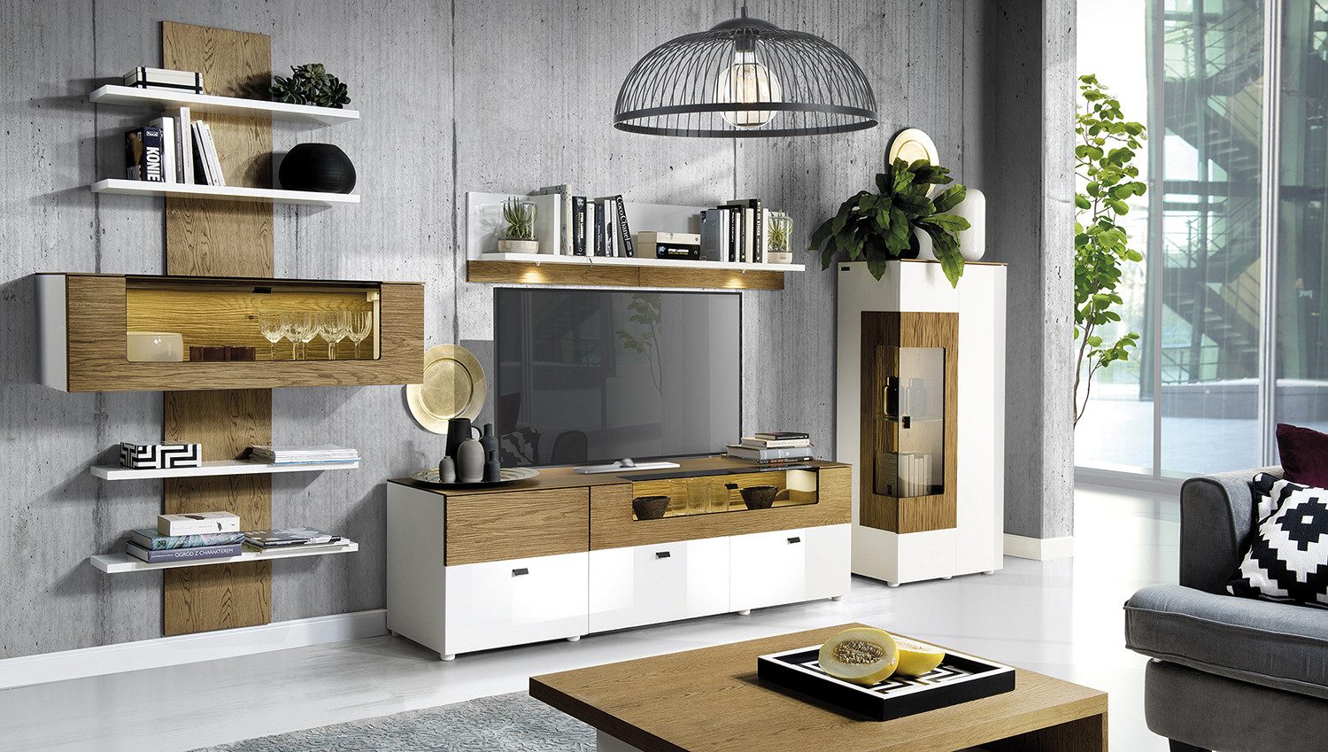 Wohnwand Moderne Wohnwand in Weiß und Braun mit Vitrinen und Regalen