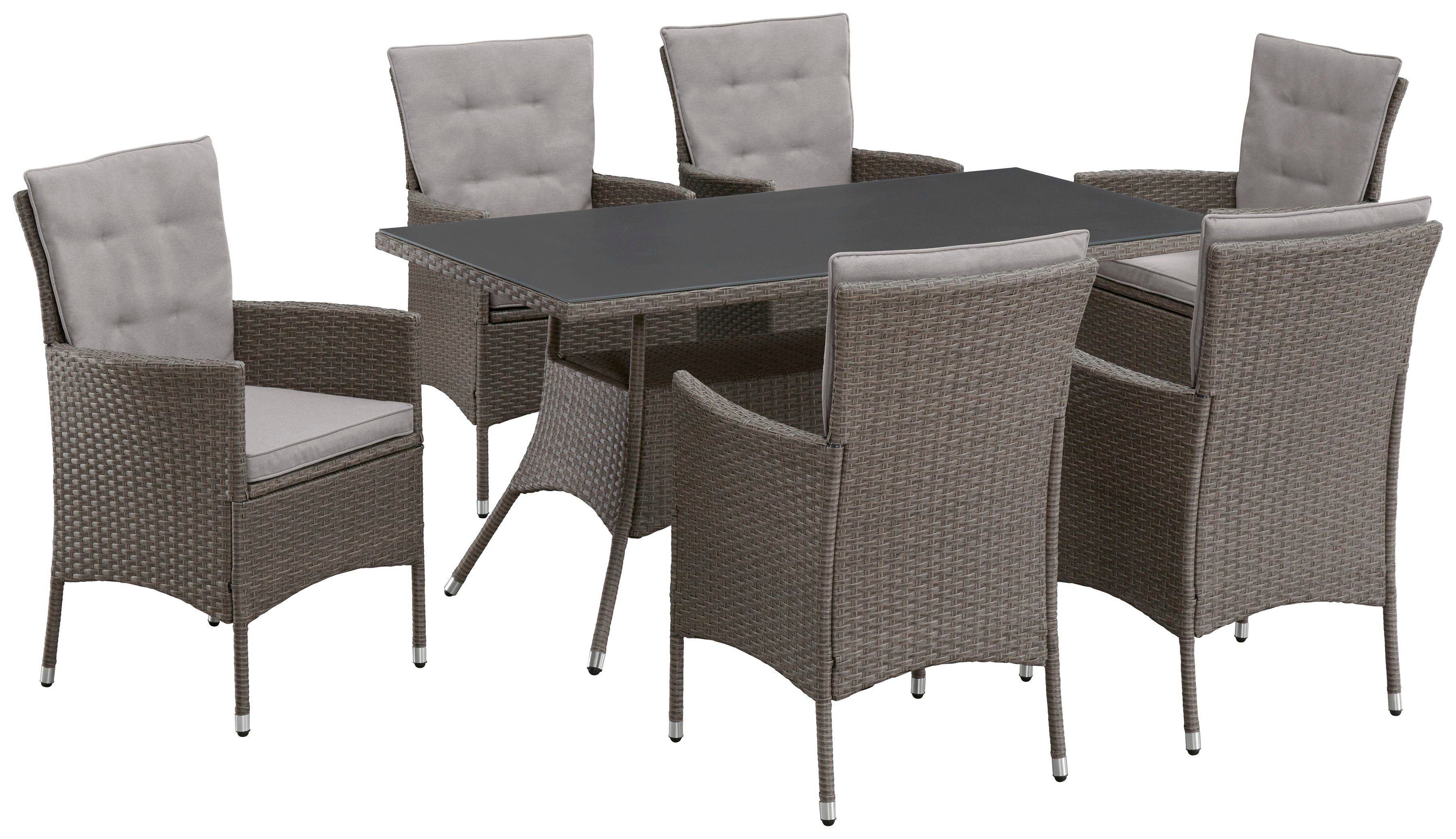 KONIFERA Garten-Essgruppe Mailand, (Set, 19-tlg., 6x Sessel, 6x Sitzauflagen, 6x Rückenauflagen, 1x Tisch), Tischplatte aus Sicherheitsglas, Staufläche unter dem Tisch