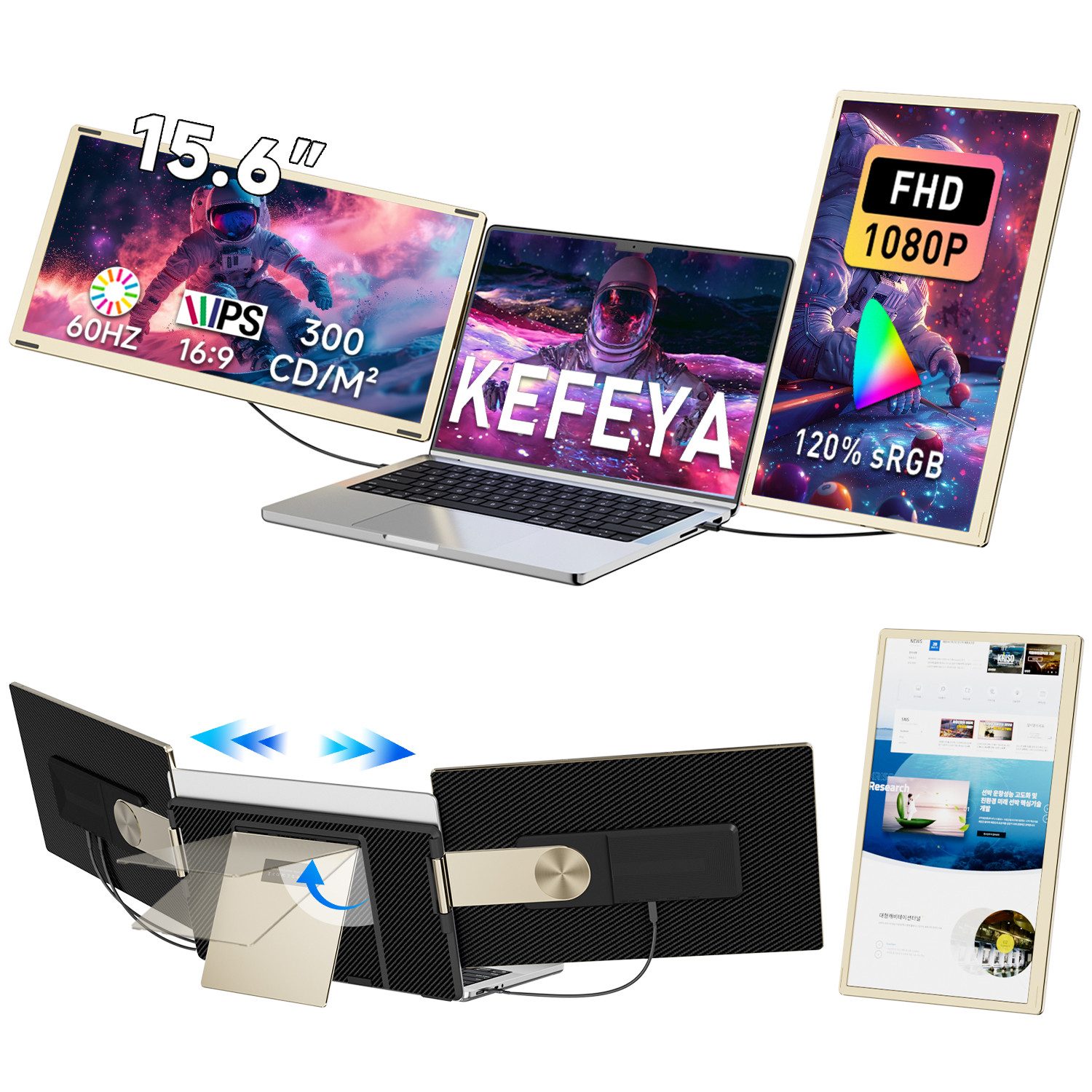 KEFEYA Dual-Screen-Laptop-Bildschirm-Extender Laptop-Bildschirmerweiterung Portabler Monitor (16 cm/15,6 ", 1920x1080 px, Full HD, 60 Hz, HDR, Als Einzelbildschirm nutzbar, kompatibel mit Windows, Android, Chrome)