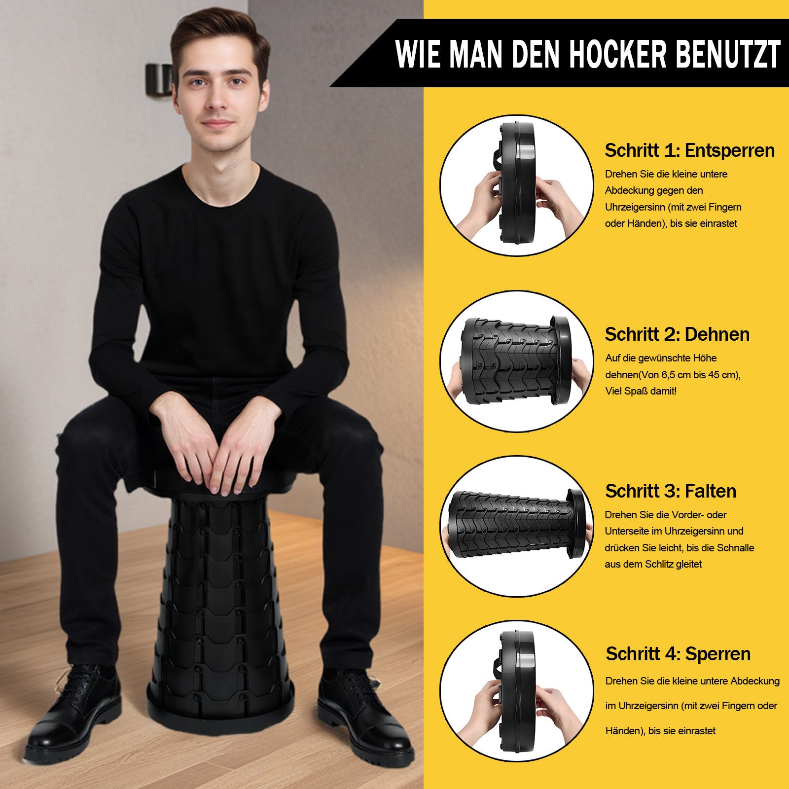 AKKEE Klappstuhl Tragbarer Klappstuhl Klapphocker Hocker Tragkraft 180 kg, höhenverstellbar und stabil – Bild 3 von 5