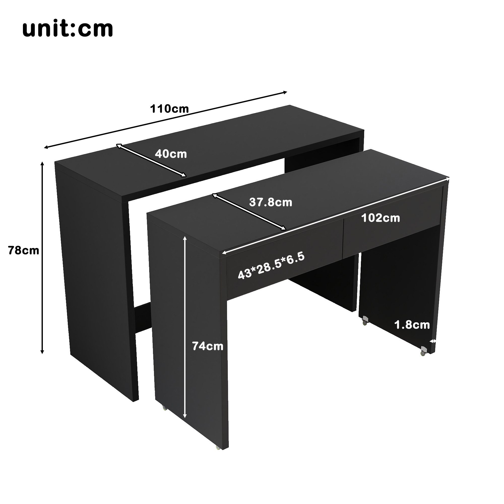 Merax Schreibtisch 2-in-1 ausziehbarer Kompaktschreibtisch (110×40×78 cm, 1-St., platzsparend & multifunktional, für kleine Wohnungen & Homeoffice), Faltbarer Regalschreibtisch Kommode mit Rollen, flexibel kombinierbar