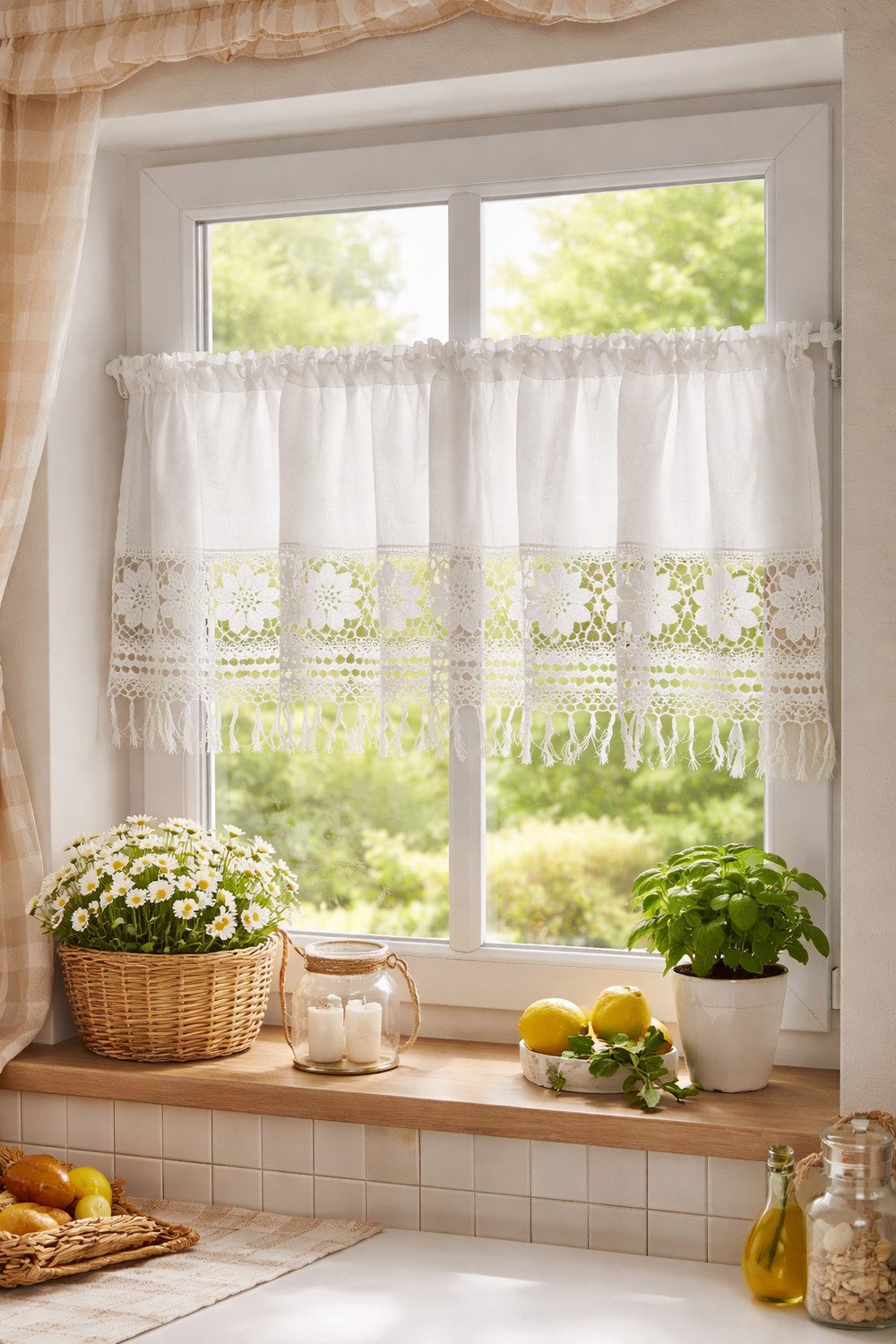HOSSNER - ART OF HOME DECO Scheibengardine 50x120 xm (1 St), Schlaufen, blickdicht, Baumwolle, Vintage, Romantische Stickerei