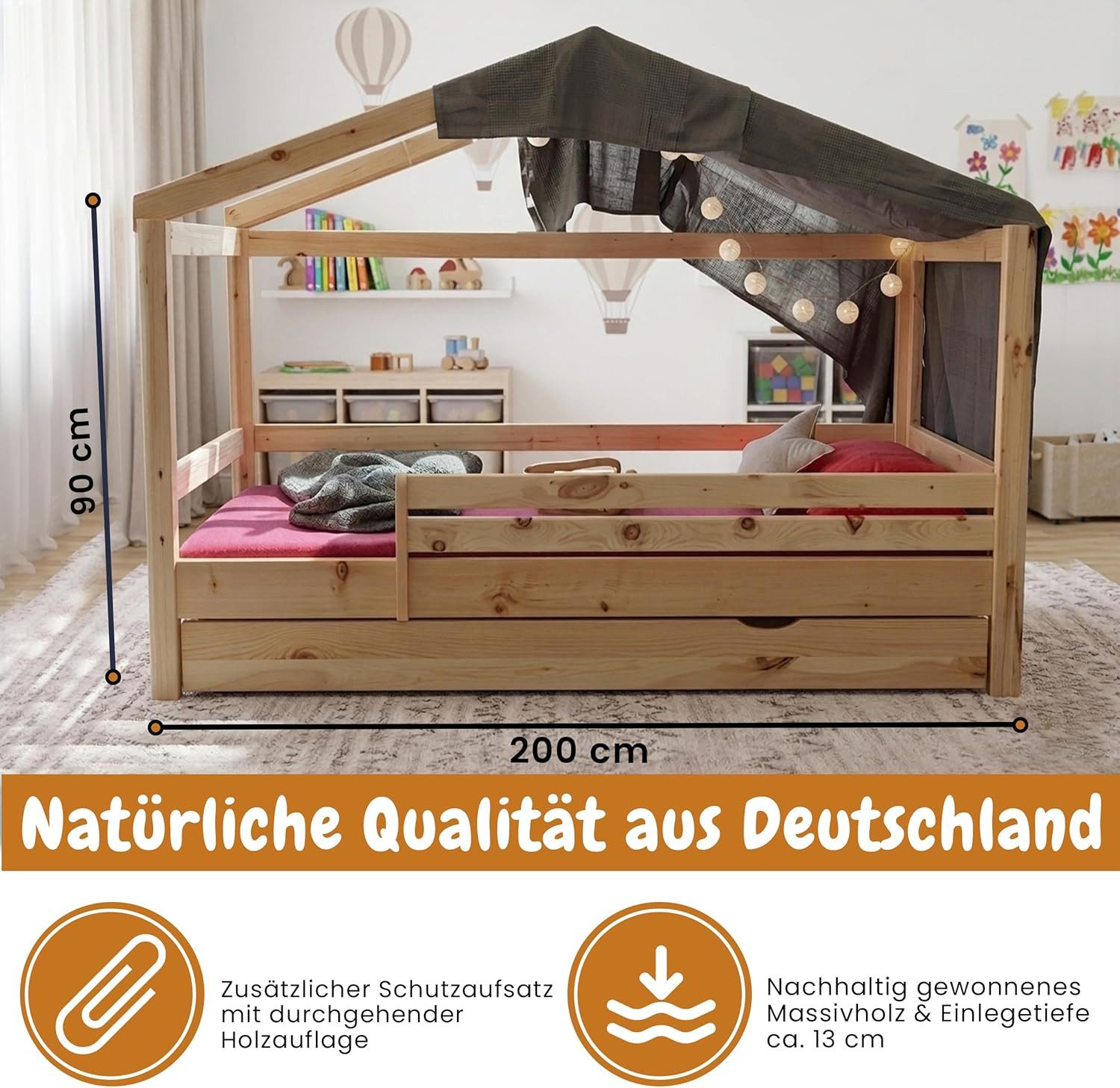 geborgenschlafen Kinderbett Bodenbett Zirbe - Massivholz & Rausfallschutz – handgefertigt, Mit Lattenrost - Montessori-inspiriertes Design – flach & sicher