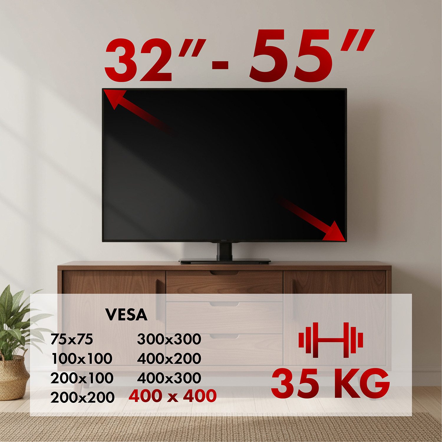 Maclean TV-Ständer MC-132 35-55'' 35 kg verstellbarer TV-Ständer mit Halterung, (bis 55 Zoll, Drehung 20 Grad, für RTV-Schrank, Standfuß)