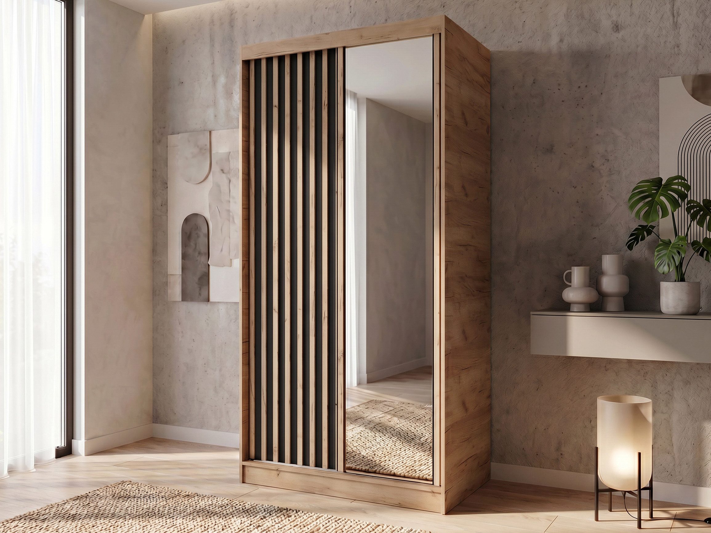 Beautysofa Kleiderschrank Donatello mit Spiegel und Lamellen (mit oder ohne praktischem Schubkasteneinsatz, Höhe: 205 cm) moderner Schiebetürenschrank