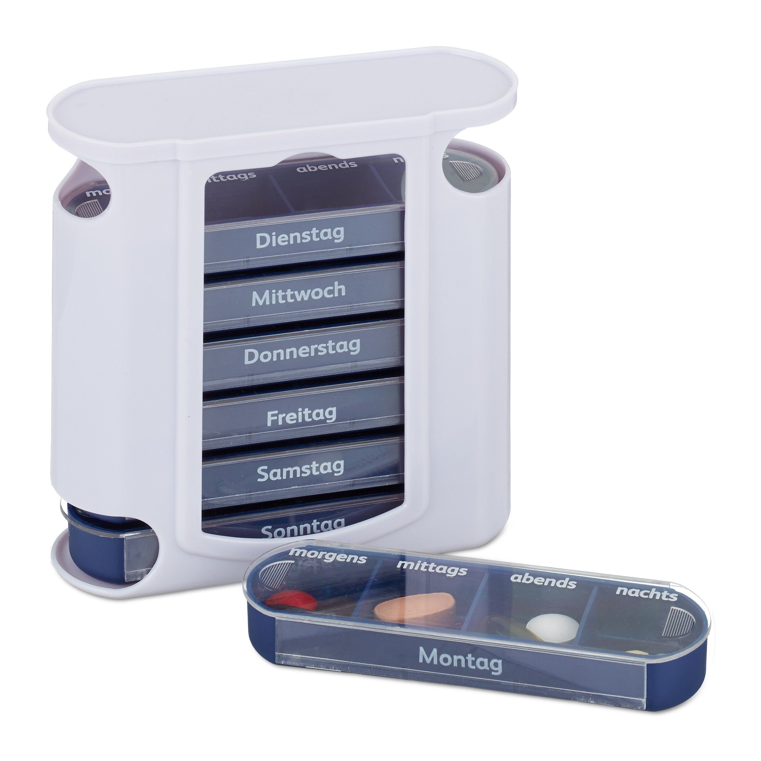 relaxdays Pillendose 2 x Pillendose 7 Tage 4 Fächer blau