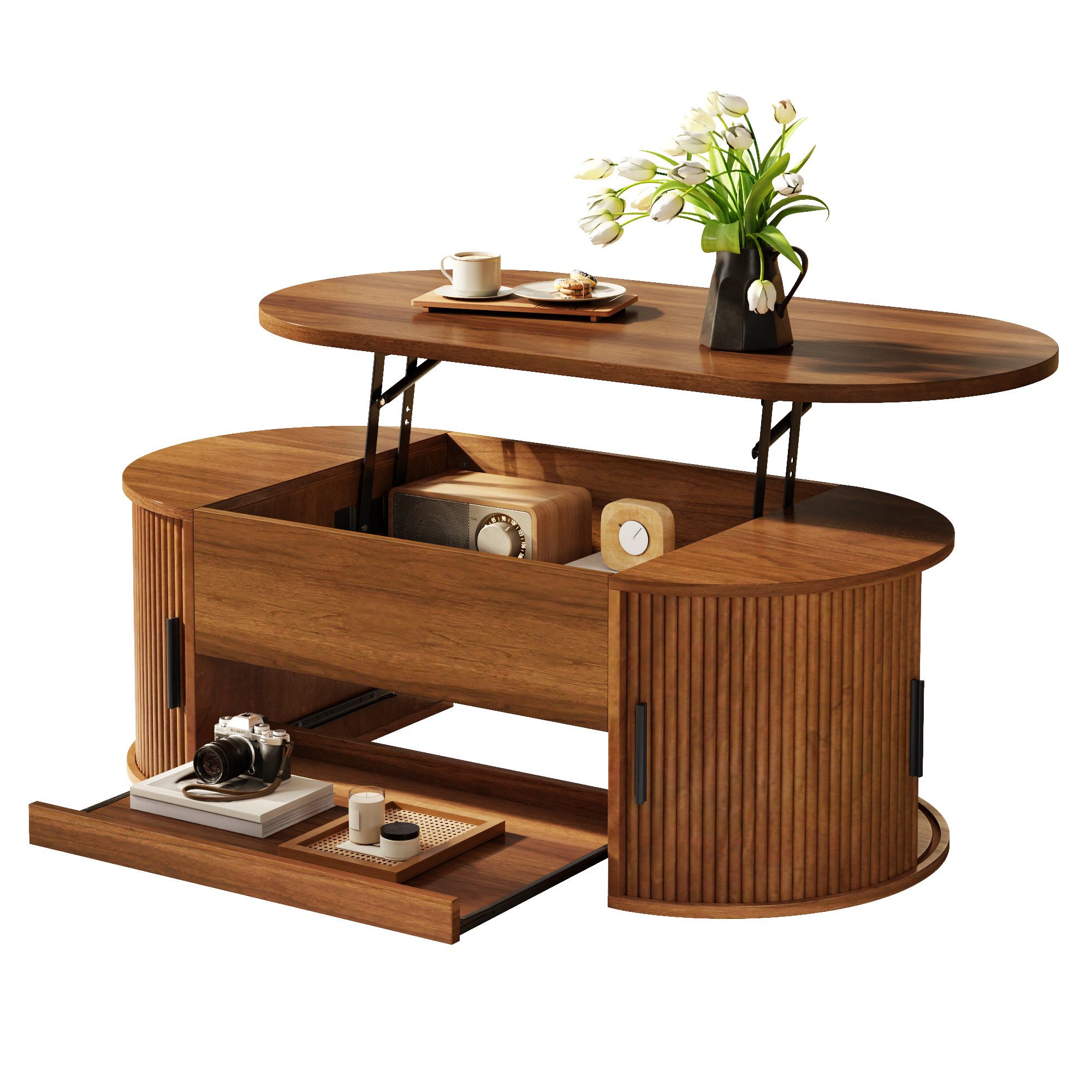 Merax Couchtisch mit Hebefunktion, Sofatisch mit verstecktem Stauraum, gebogenen Seiten (110 L x 55 B x 55 H cm, 1-St), Wohnzimmertisch mit seitlichen Schiebetüren und ausziehbarer Ablage
