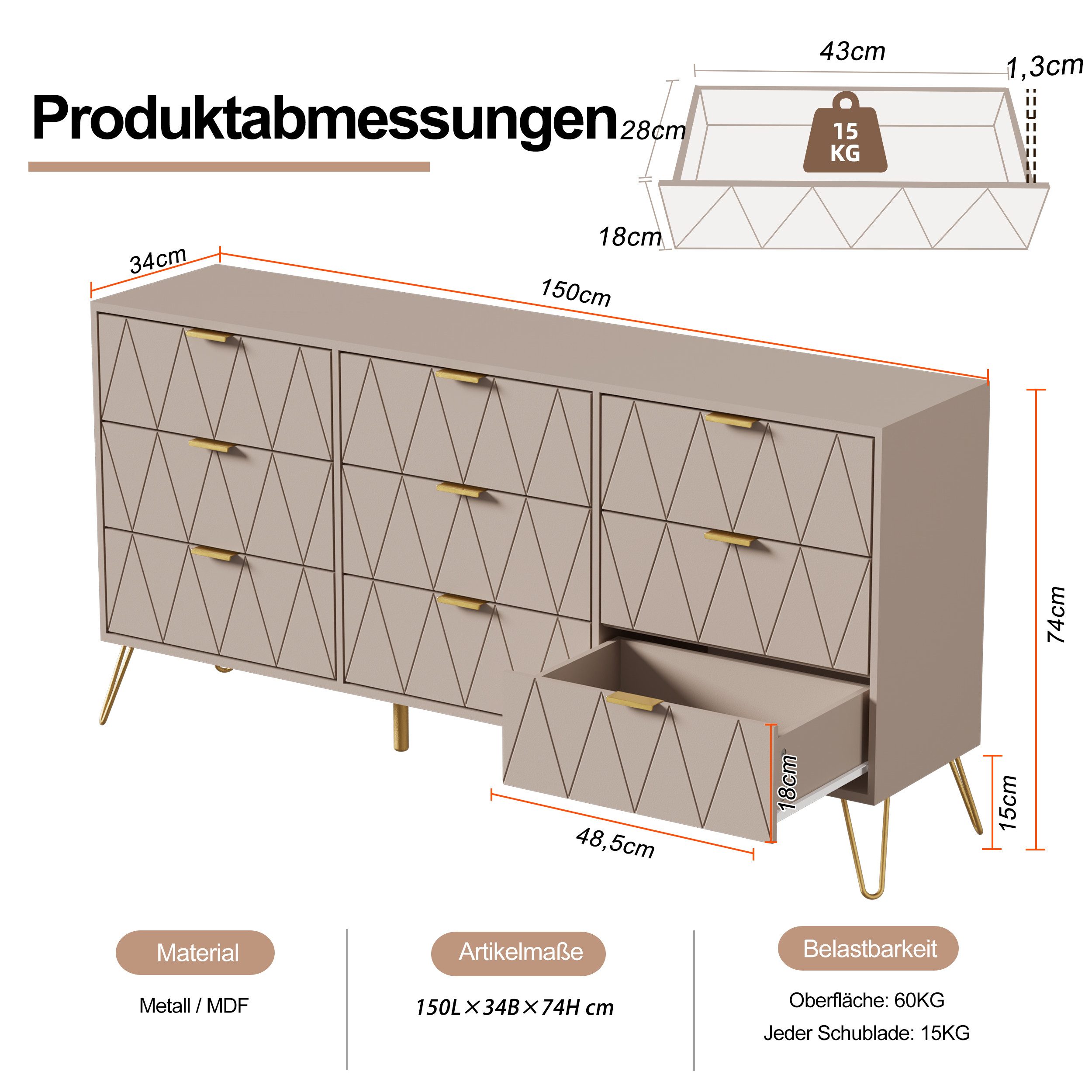 UEV Schlafzimmer-Set 3er-Set Schlafzimmermöbel, Möbelset im skandinavischen Stil, (Modern Linienmuster, Kommode mit 9 Schubladen und 2er-Set Nachttisch), Schran – Bild 5 von 5