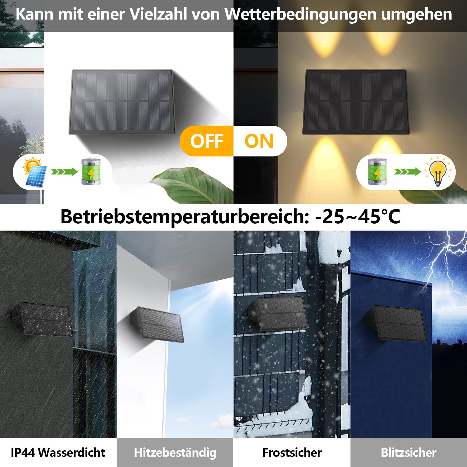 ZMH Außen-Wandleuchte 1/2/4 Wandlampe Warmweiß 3000K Solarlampen Up And Down Light für Außen, LED fest integriert, Warmweiß, Schwarz, 3000K Warmweiß, LED Außenw – Bild 4 von 5