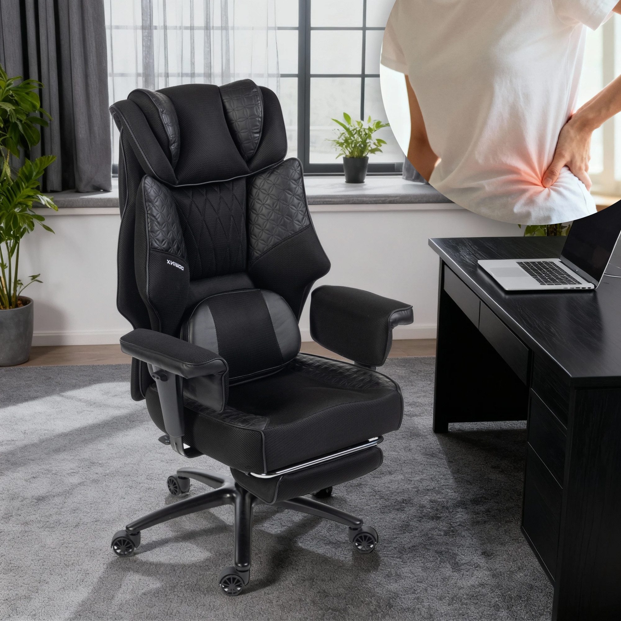 Dowinx Gaming-Stuhl mit Massage-Lendenkissen & Extra-Dicker Sitzpolsterung (Packung), Chefsessel mit Atmungsaktivem Mesh & Verstellbaren Armlehnen