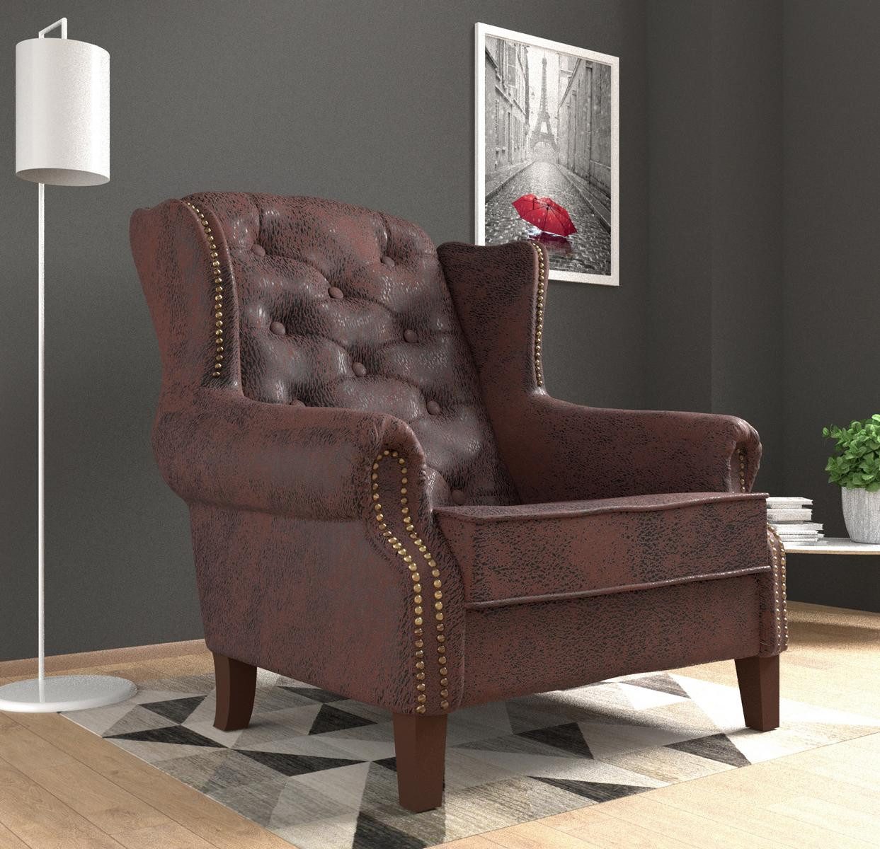 JVmoebel Ohrensessel Eleganter Relaxsessel aus Kunstleder in Braun mit Holzfüßen (Packung, 1-St., Leder Sessel Relaxstuhl 1-Sitzer Lounge Sofa Club), Made in Europa