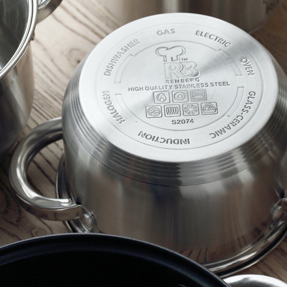 Renberg Topf-Set Edelstahl Kochtopf-Set ALEXANDER Kochtopfset RB-1660, Edelstahl (7-tlg., 4 Töpfe, 3 Deckel), Töpfe mit Messskala in Liter