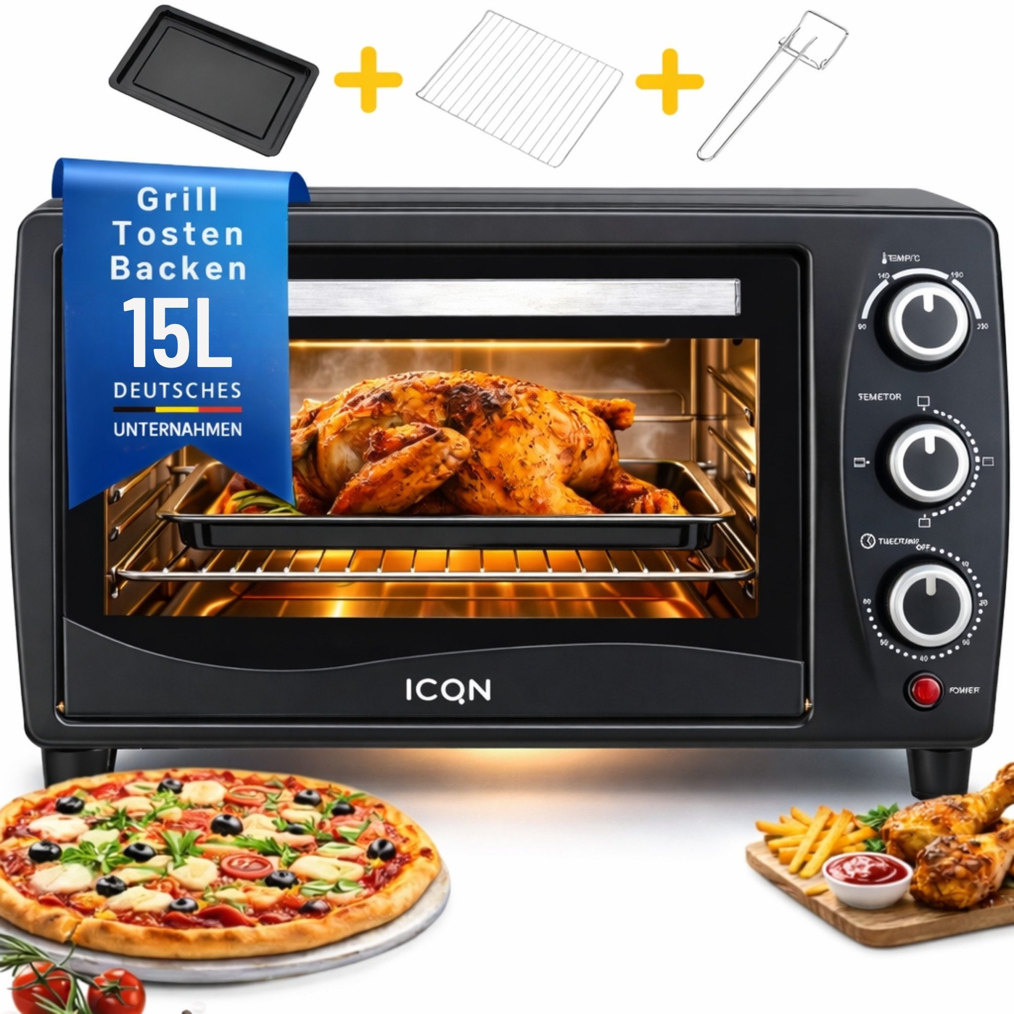 ICQN Kleinküche ICQN Minibackofen 15 Liter, 1200W, 90-230°C, 60 min. Timer, Anthrazit, 3 Kochfunktionen, 60 min, Doppelverglassung, 90-230°C