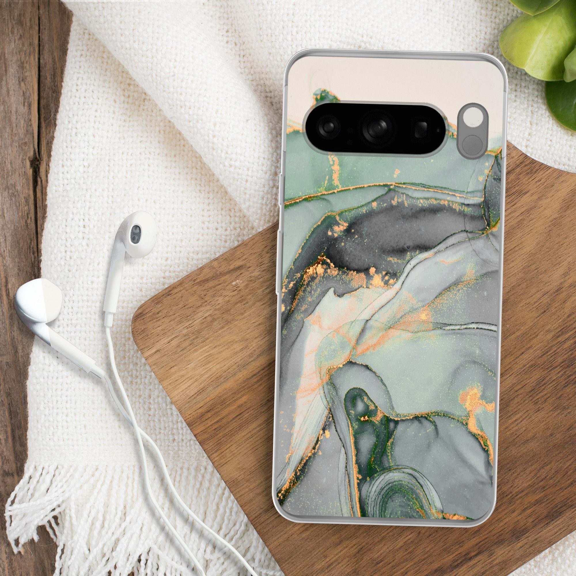 MuchoWow Handyhülle für Google Pixel 8 Pro Gold - Marmor - Grün - Luxus - Glitzer - Marmor, Phone Case, Silikon, Schutzhülle Dünn