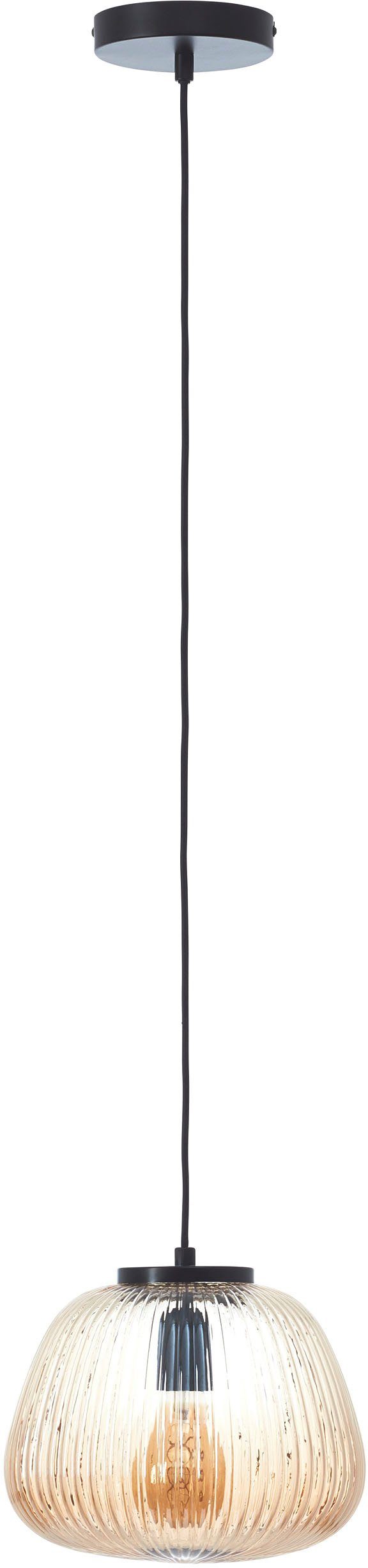 Brilliant Pendelleuchte Kaizen, ohne Leuchtmittel, Riffelglas, D 25 cm, E27, kürzbar, Amber-Bernsteinfarben
