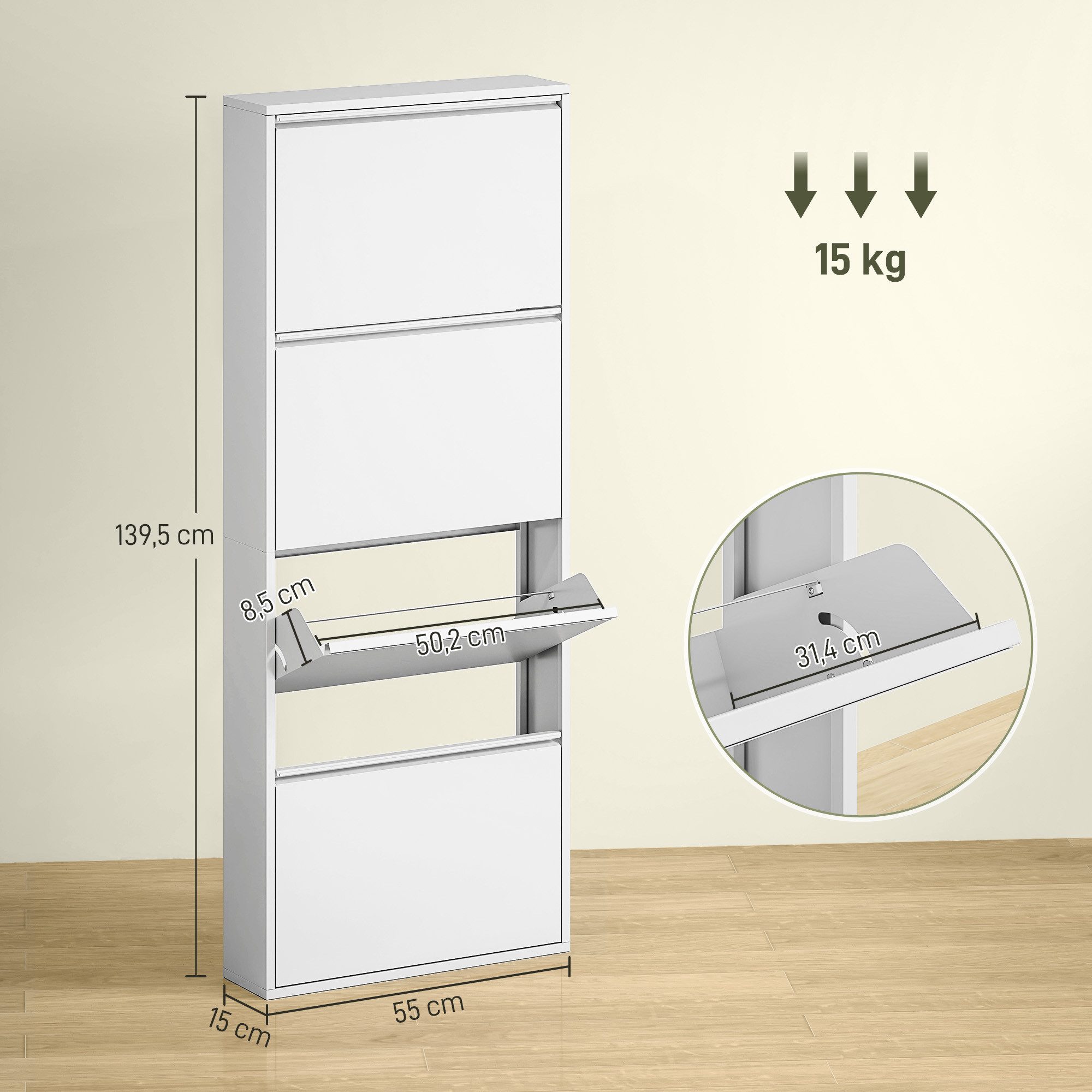HOMCOM Schuhschrank mit 4 Klappen Schuhkipper Schmal für 8 Paar Schuhe Schuhregal (Metall Schuhkommode, 1-St., Schuhablage Wandmontage) für Eingangsbereich, Flur 55 x 15 x 139,5 cm Weiß