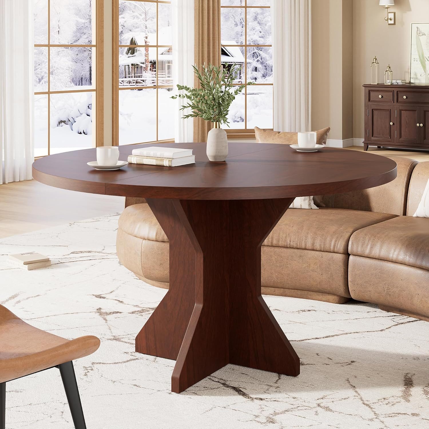 GarveeMore Esstisch Runder mit Holztischplatte und stabilem Fuß für 4-6 Personen,120cm, Küchentische aus Holz für Esszimmer,Küche,Wohnzimmer – Bild 5 von 5