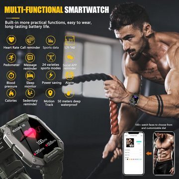 PYRODUM Fur Herren Mit Touchscreen Fitness Tracker 5ATM Wasserdicht Smartwatch (1.71 Zoll, Andriod iOS), mit Blutdruckmessung Herzfrequenzmessung Schrittzähler, 24 Sportmodi