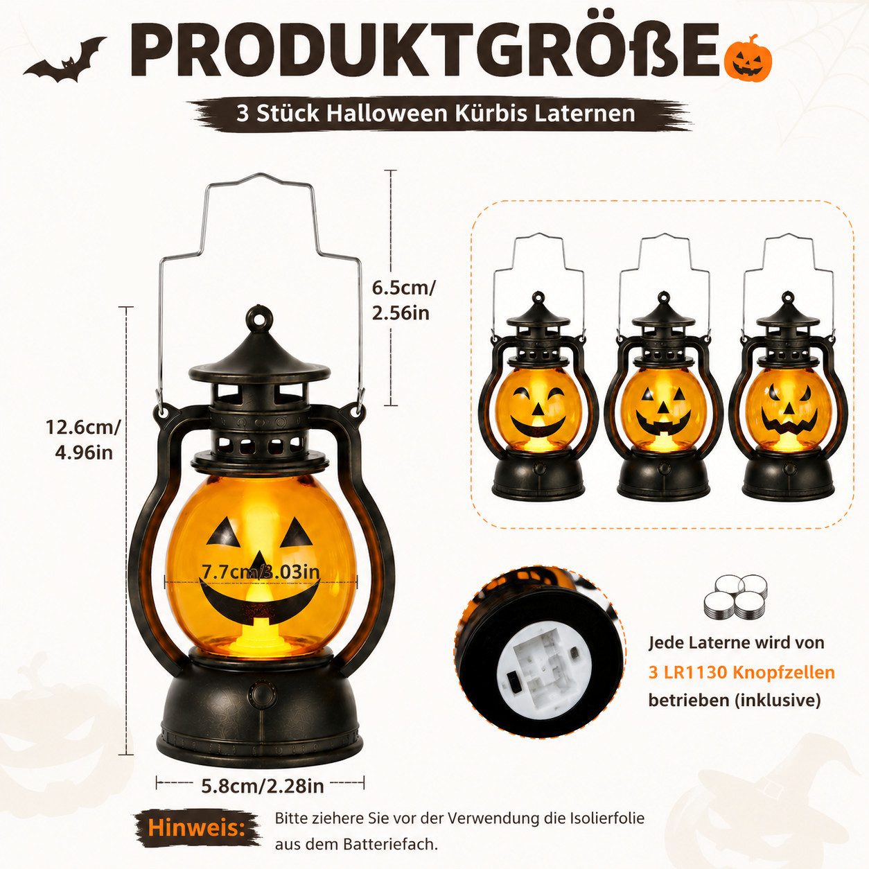 nsihing LED Laterne Halloween Kürbislaternen 3er Set mit LED, Tragbare Kürbislaternen, Batteriebetrieben für Innen, Außen, Party & Halloween Deko