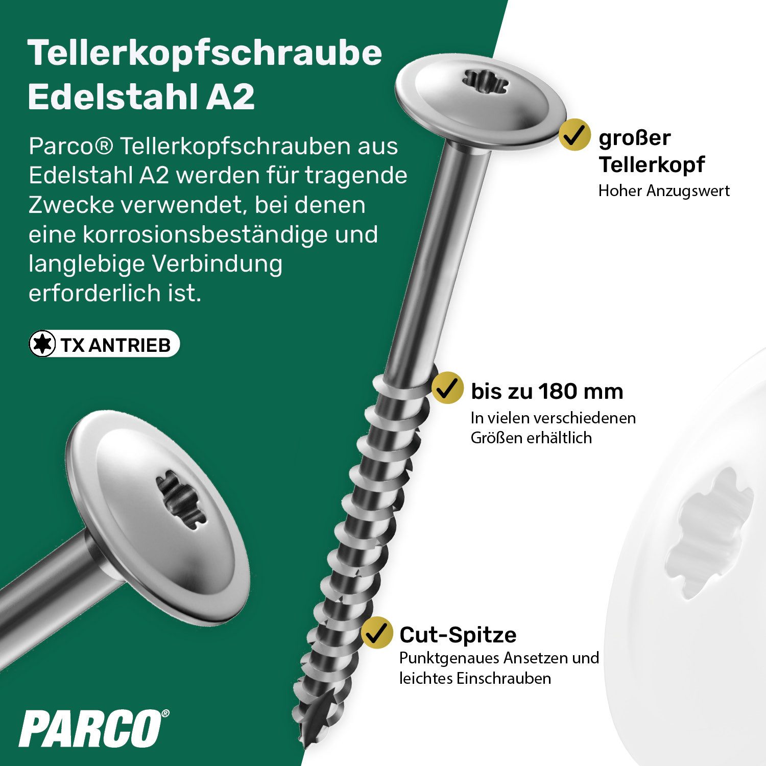 PARCO Schraube Tellerkopfschraube Holzbauschraube Edelstahl A2 - 8x120mm & weitere, (100 St., Ideal für Gartenhaus, Terrasse, Carport & mehr, ohne Unterlegscheiben), langlebig, korrosions- & witterungsbeständig