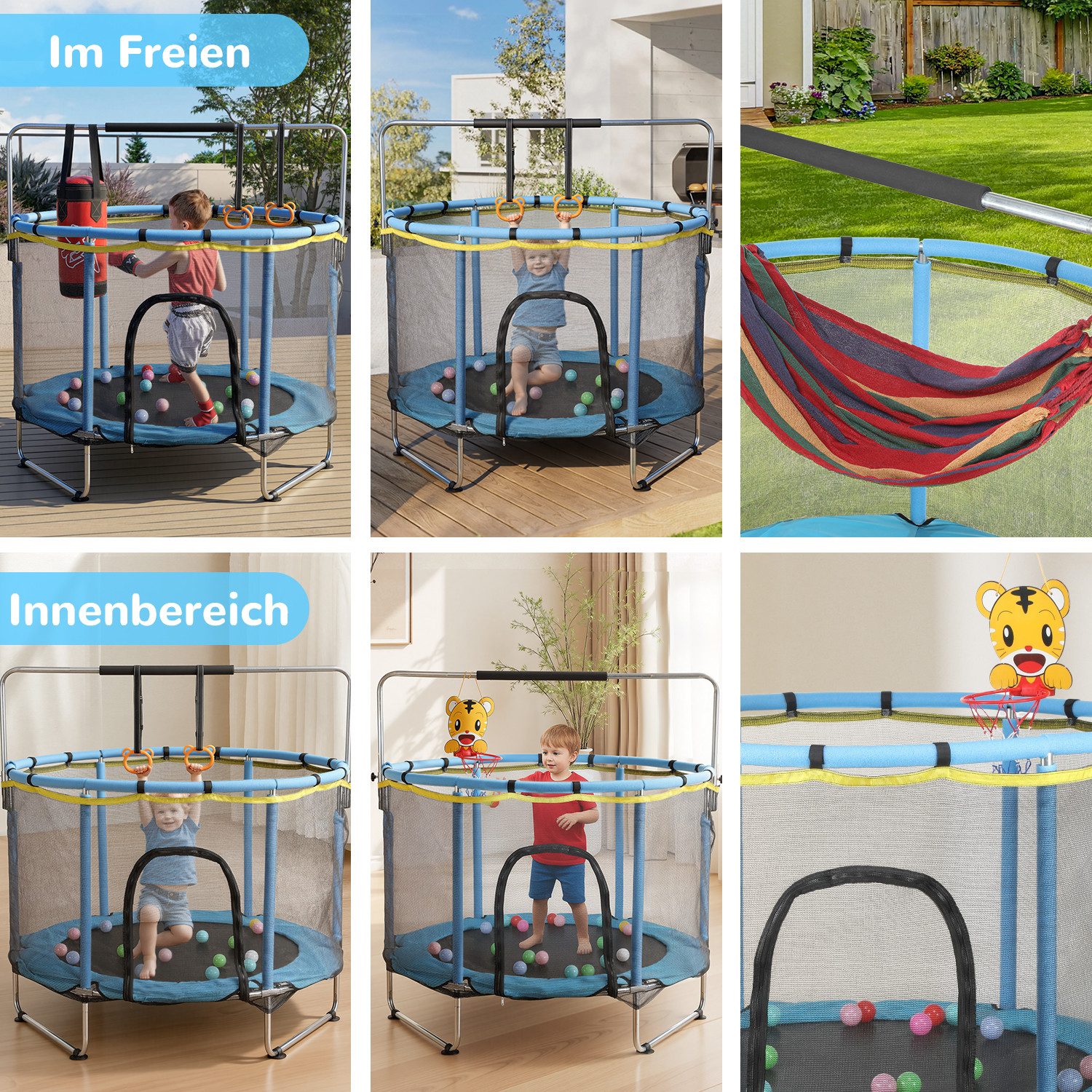 kehot Kindertrampolin Gartentrampolin mit Sicherheitsnetz, Stabiler Konstruktion, Geschenk, Ø 140 cm, Kindertrampolin 6-in-1 Spielstation für Indoor & Outdoor Bewegung