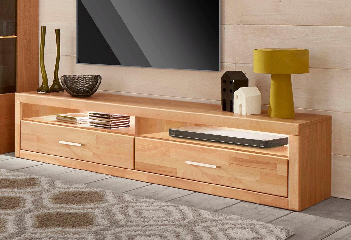 OTTO home Lowboard Ribe,180cm breit, Fronten Massivholz,4 Fächer,Kabeldurchführung, Holz massiv, Holzwerkstoff, Metall Griffe,2 Klappen