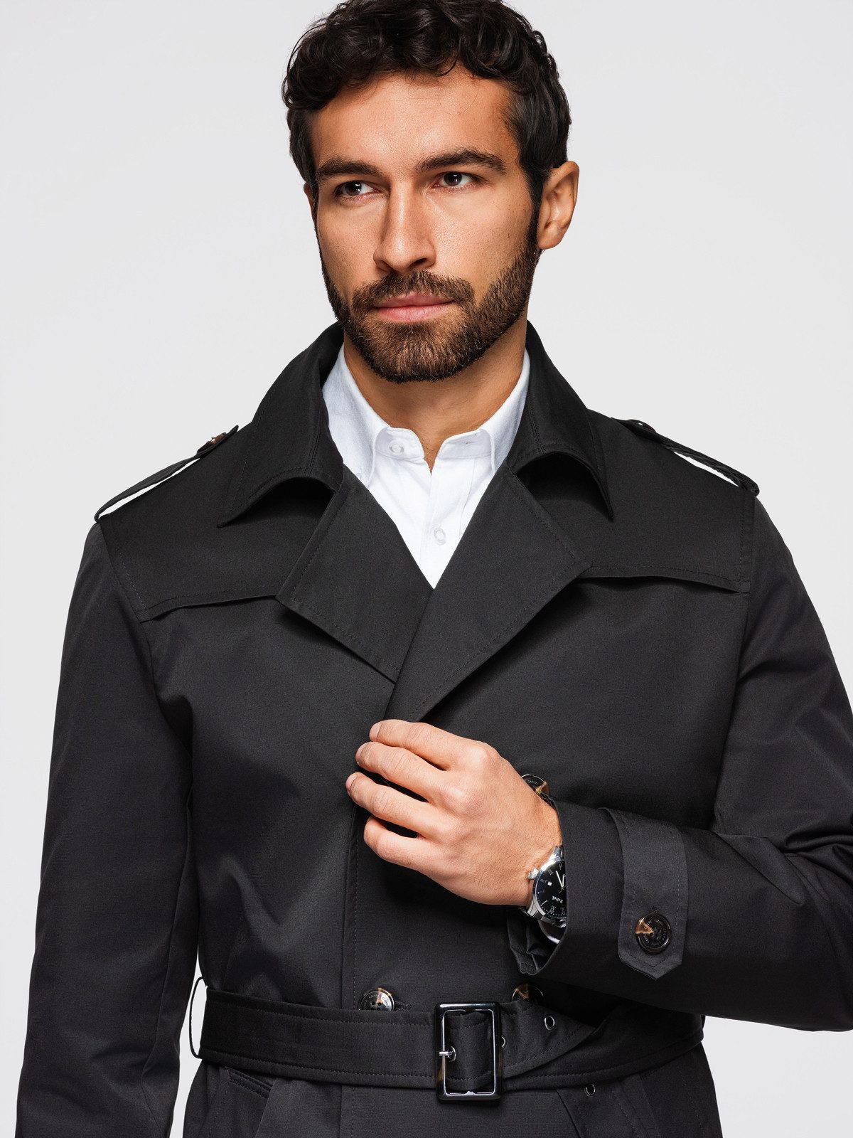 OMBRE Trenchcoat Herren Trenchcoat Slim Fit mit Gürtel Elegant Schwarz M (kein Set, 1-tlg) Regulierbarer Taillengürtel mit Schnalle, Schulterklappen