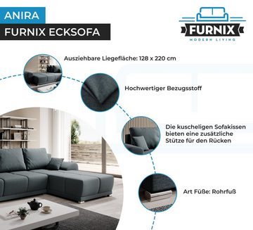 Furnix Ecksofa ANIRA Polstercouch mit Schlaffunktion und Bettkasten VO12 Graphit, DL-Ausziehautomatik, B285 x H90 x T188 cm, made in Europe