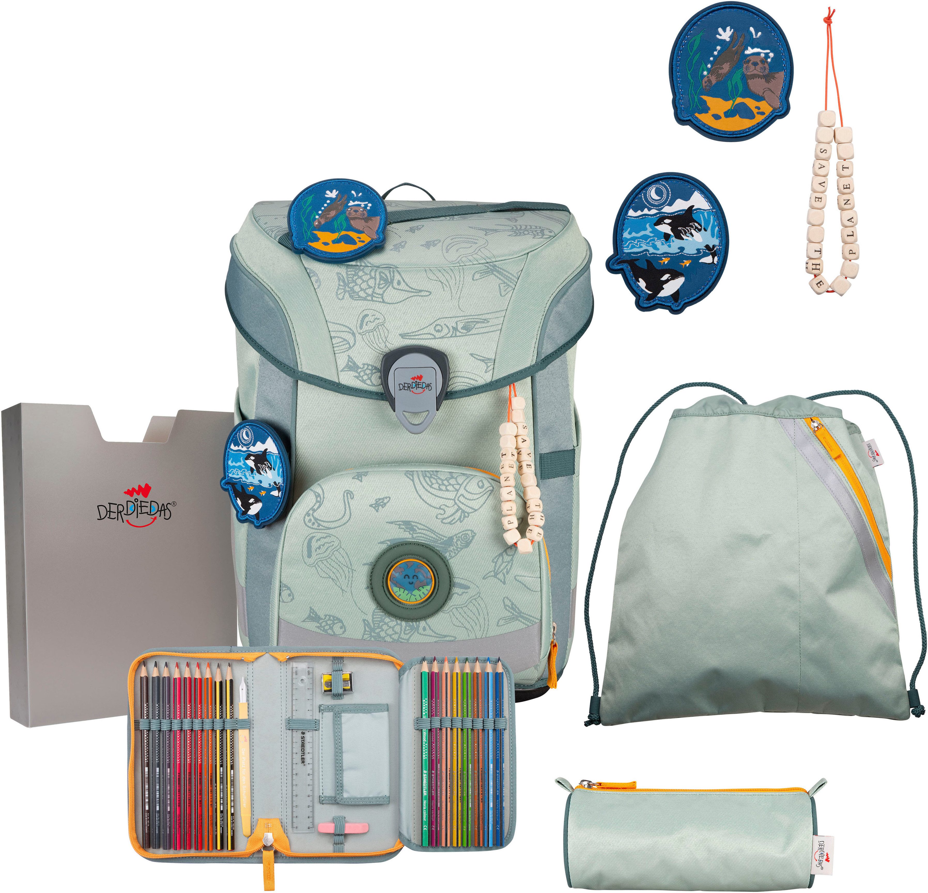 DerDieDas® Schulranzen ErgoFlex Easy Exklusiv ECO, Grey Planet (Set, 5-tlg), enthält recyceltes Material