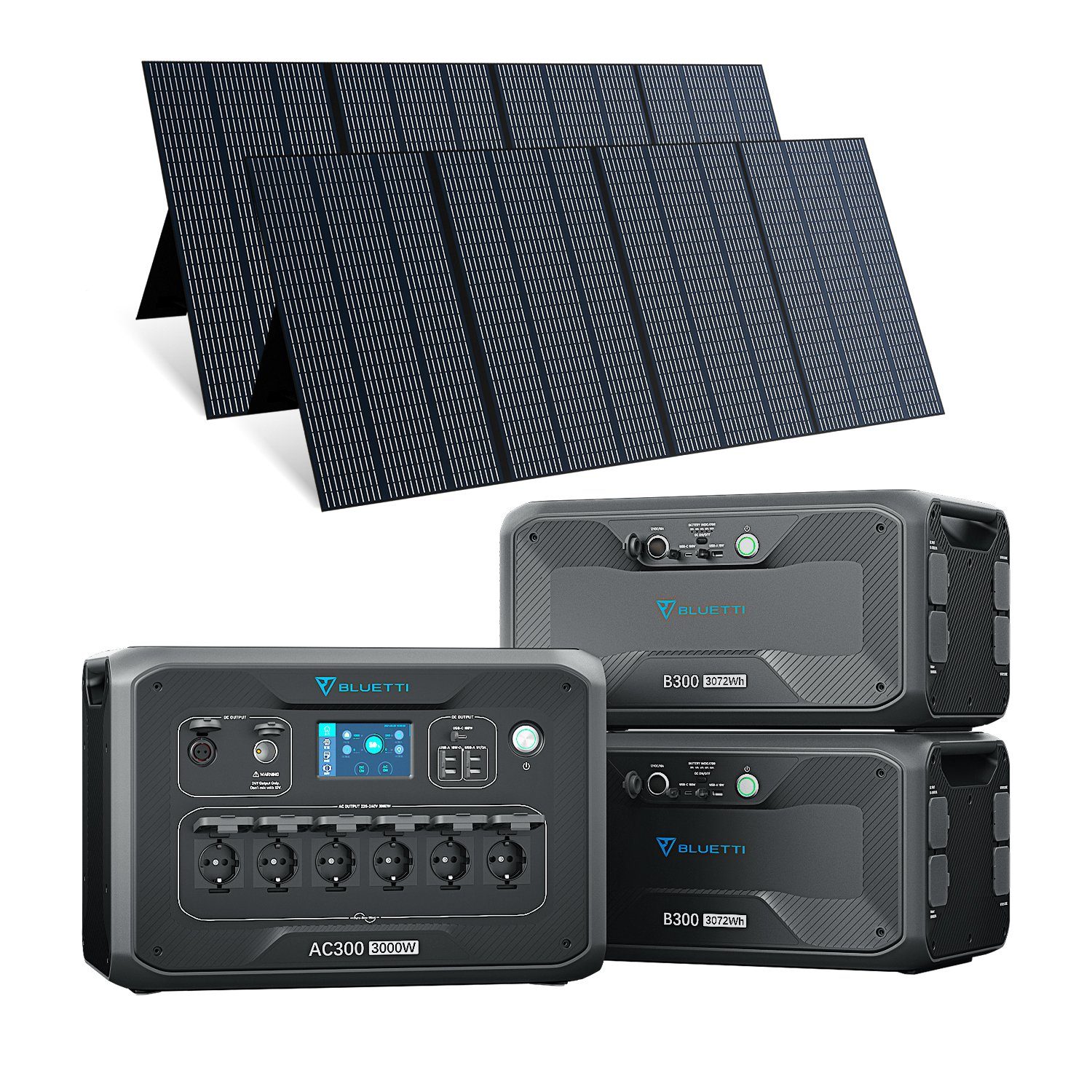 Solargenerator Stromerzeuger AC300+2 BLUETTI 6144Wh Batterie LiFePO4 2350W B300 (Solar Station, Power Solarpanel, 3000W mit 1-tlg),