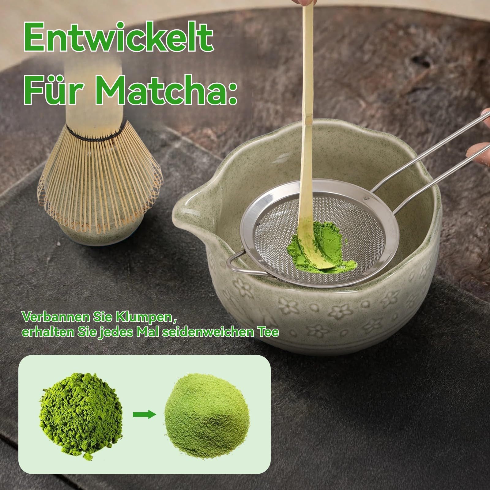 Coonoor Teeservice Premium Matcha Tee Set Teezubereitung, Teezeremonie Ausrüstung (5-tlg), mit Keramikschale, Edelstahlsieb, Löffel & Whisk Halter