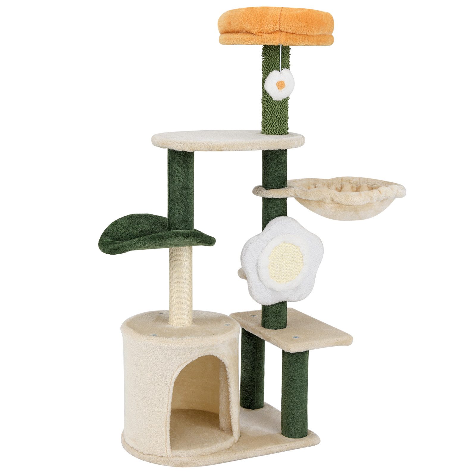 COSTWAY Kratzbaum 122 Cm – Mit Höhle, Künstlichen Blättern, Bürste, Liegeflächen, 2 Bällen – Grün/orange, Für Katzen