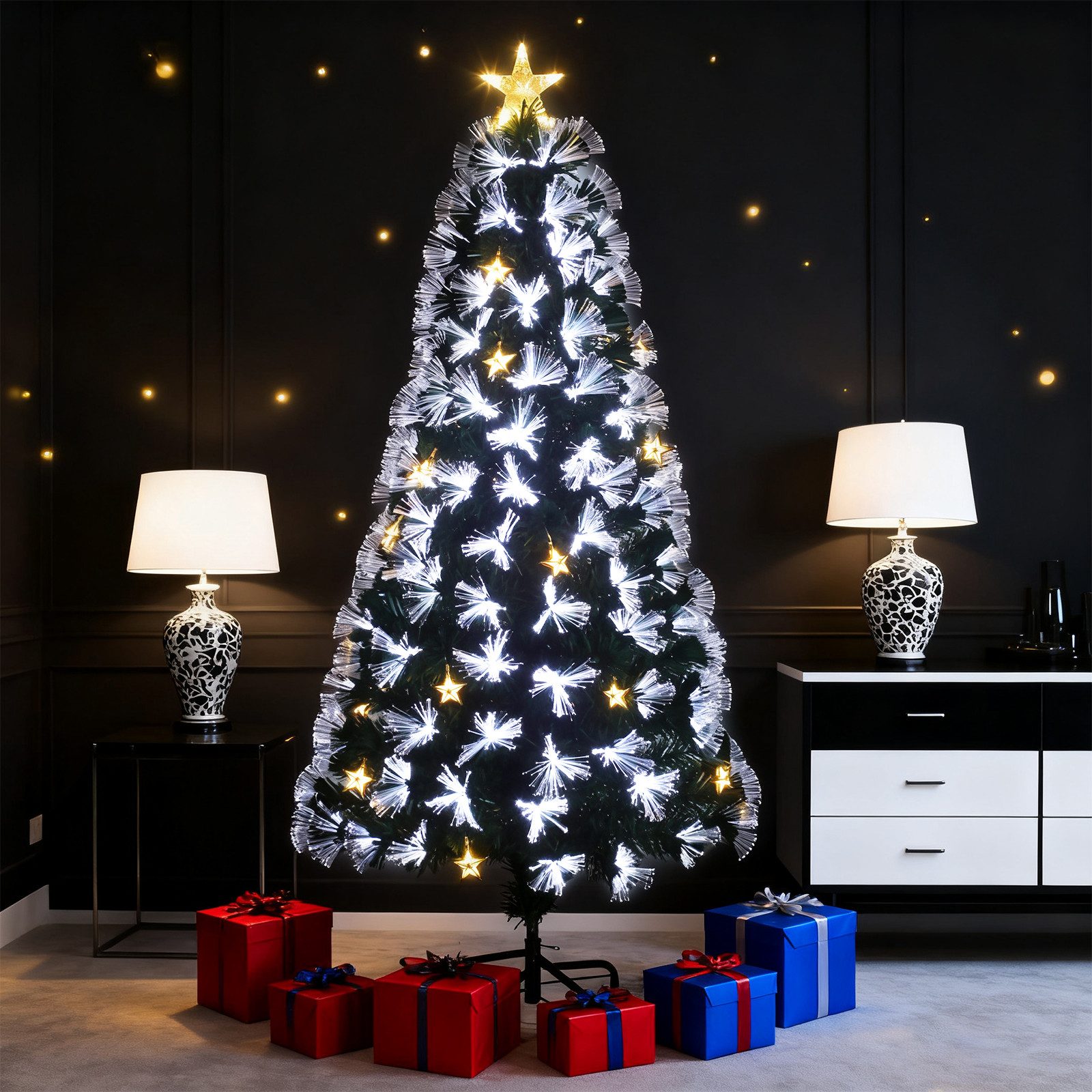 LETGOSPT Künstlicher Weihnachtsbaum Luxuriöser Künstlicher Weihnachtsbaum – Voll, Stabil & Edles Design, 150 cm Baum mit 170 Zweigen & 24 LED-Sternleuchten, Edle Akzentbeleuchtung für Kleine Räume & Sideboards