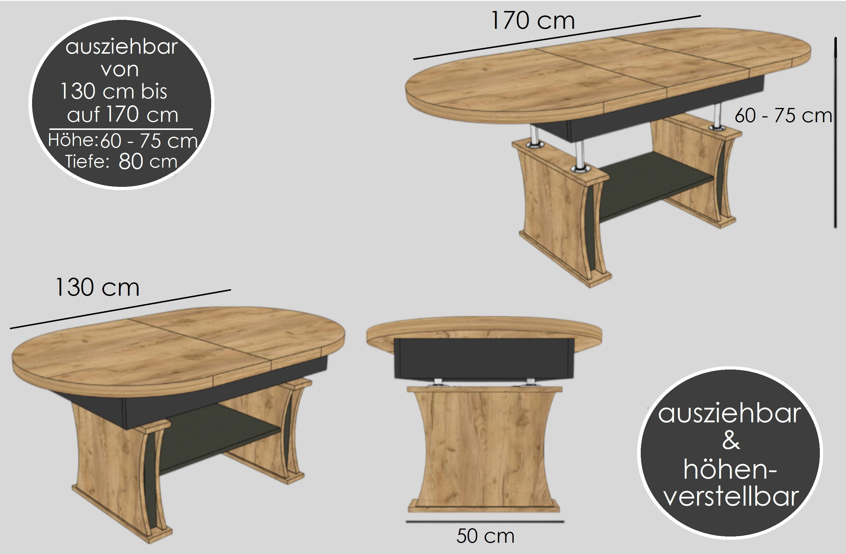 designimpex Couchtisch DA-130 oval ausziehbar höhenverstellbar mit Ablage Wohnzimmer Tisch, Funktionstisch, Wohnzimmertisch, Tisch, Esstisch, Sofatisch, Rollen