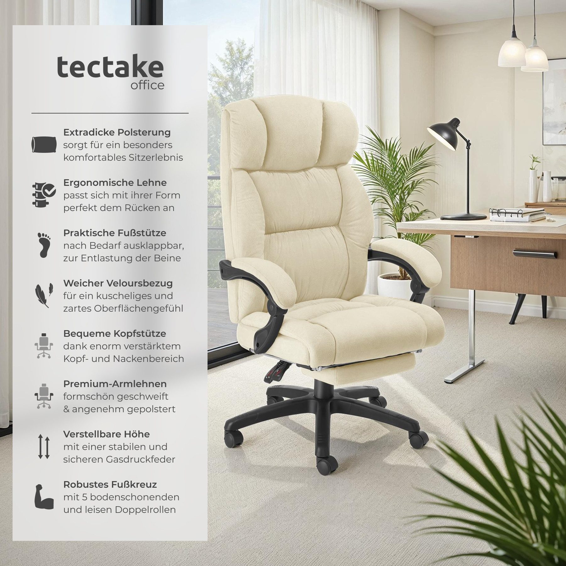 tectake Chefsessel Bürostuhl Jillien mit Fußstütze und Velours, Belastbarke günstig online kaufen