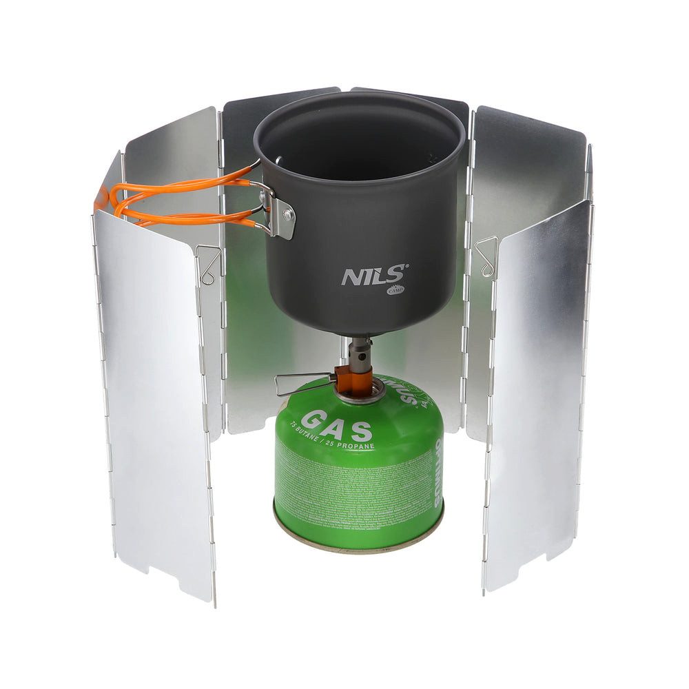 NILS CAMP Windschutz Kocherwindschutz Windschirm Windblende, (Spar-Set, 1 tlg., 65 x 24 cm faltbar), 8 faltbare Paneele, Aluminium, Erdspieße, mit Tasche