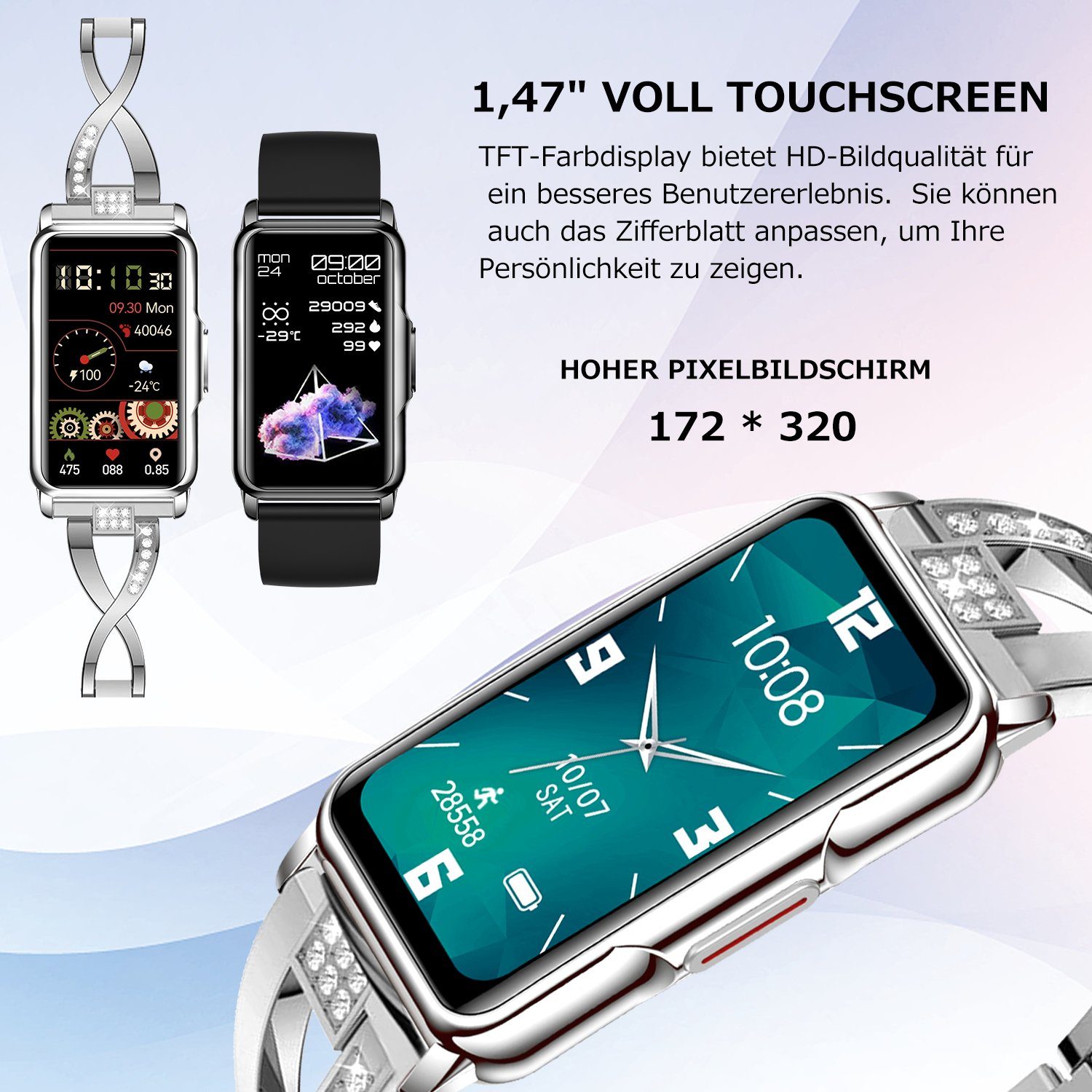 Mutoy Armreif HD Smartwatch Fitness Silber Uhrenarmbänder, Touchscreen Schrittzähler Musiksteuerung Silikon Wechselband Zoll), Tracker Uhren und wechem Silikon Schlafmonitor Voll aus 2 Smartwatch, für Damen, mit Aktivitätstracker Stoppuhr (1,47" Pulsmesser Armreif+Schwarz Uhr