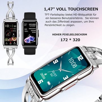 Mutoy Smartwatch, Fitness Tracker Uhr für Damen, Aktivitätstracker Uhren Smartwatch (1,47" HD Voll Touchscreen Zoll) Set, mit 2 Wechselband aus wechem Silikon und Armreif Uhrenarmbänder, Pulsmesser Schrittzähler Schlafmonitor Stoppuhr Musiksteuerung