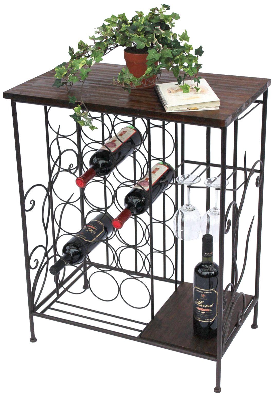 DanDiBo Weinregal mit Ablage 12977 Flaschenregal mit Glashalter 83 cm Braun Metall Holz, Flaschenhalter Weinschrank Regal stehend