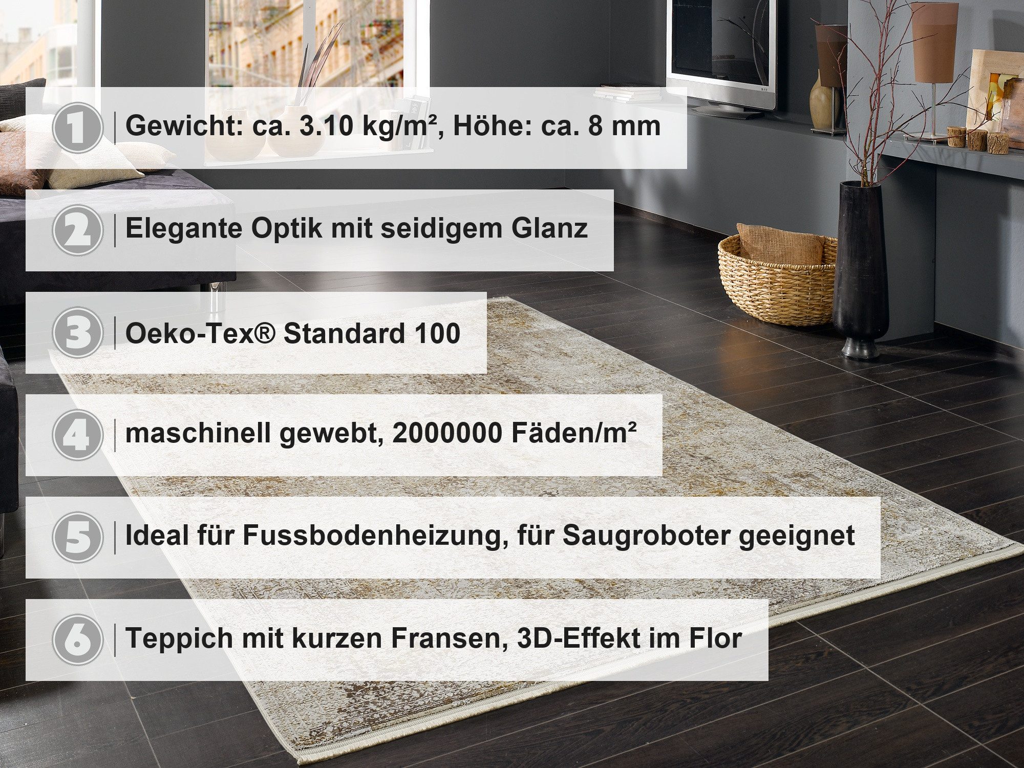 OCI DIE TEPPICHMARKE Teppich BESTELLER CAVA, rechteckig, Höhe: 8 mm, Glanz Viskose, mit Fransen, Hoch Tief Struktur, Vintage, Wohnzimmer