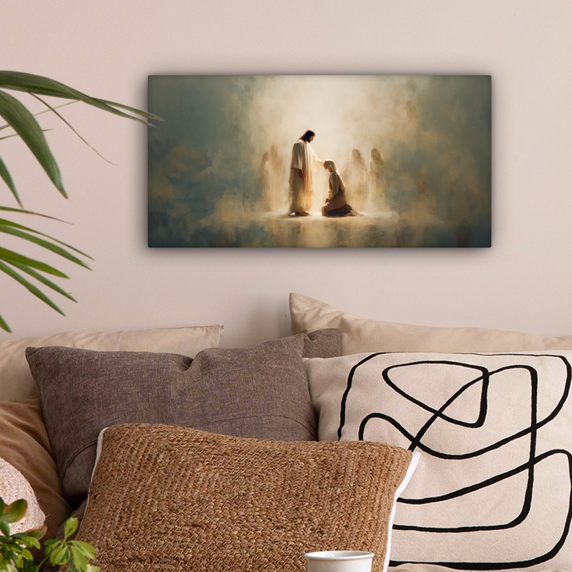 OneMillionCanvasses® Leinwandbild Panorama Kniend - Beige - Abstrakt - Jesus, Fotodruck (1 St), Wandbild, Deko Schlafzimmer Wohnzimmer Flur 40x20 cm