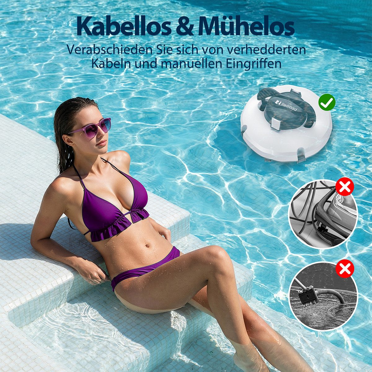 redroad Poolroboter 2026 Kabellos Poolsauger 6800mAh Akku Selbstparkend bis 200m², 8000LPH/6800 mAh/18° Steigwinkel/Lange Laufzeit/Selbstparkend/180min