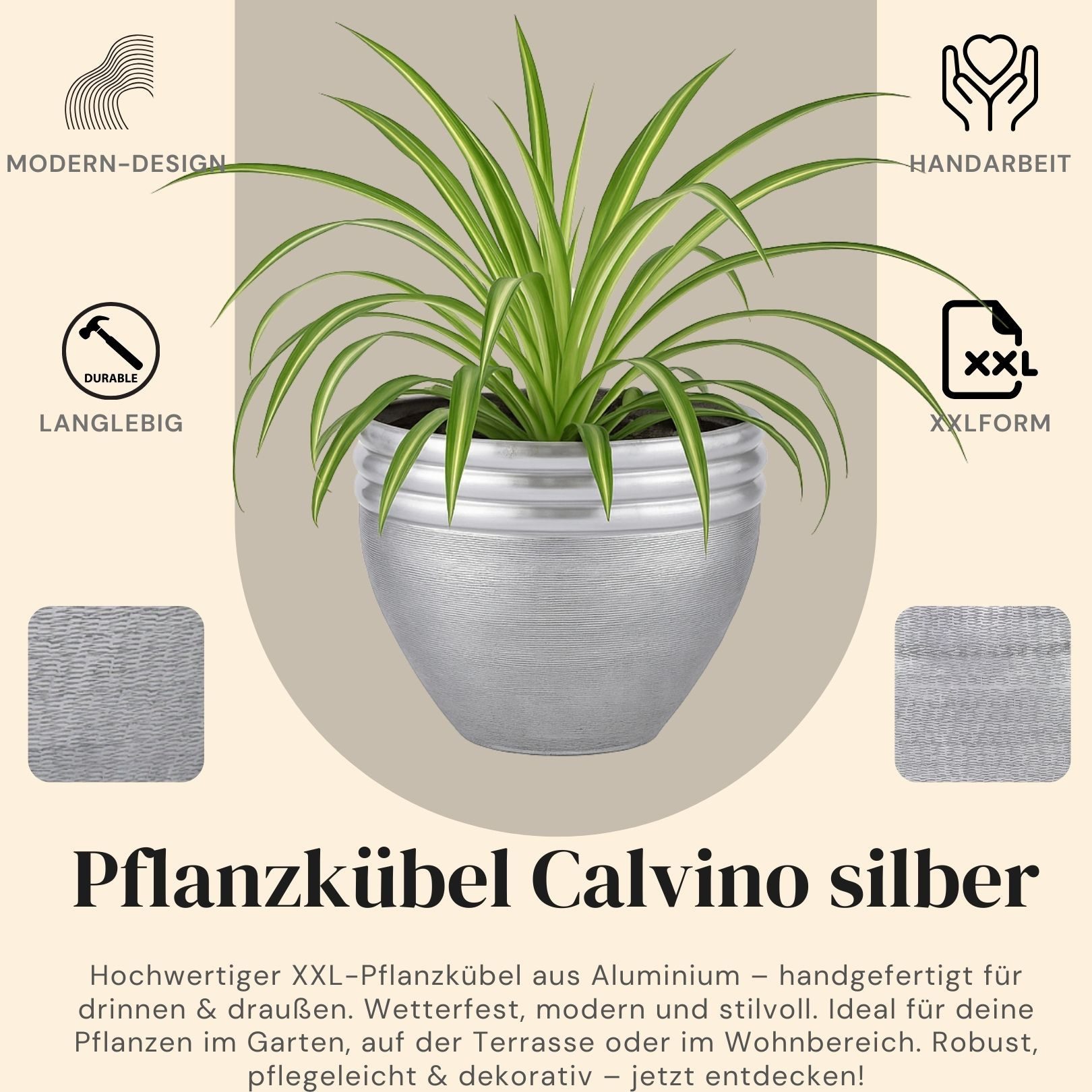 Marrakesch Orient & Mediterran Interior Übertopf Blumentopf Calvino Silber 38cm - Aluminium Pflanzentopf modern, Handarbeit