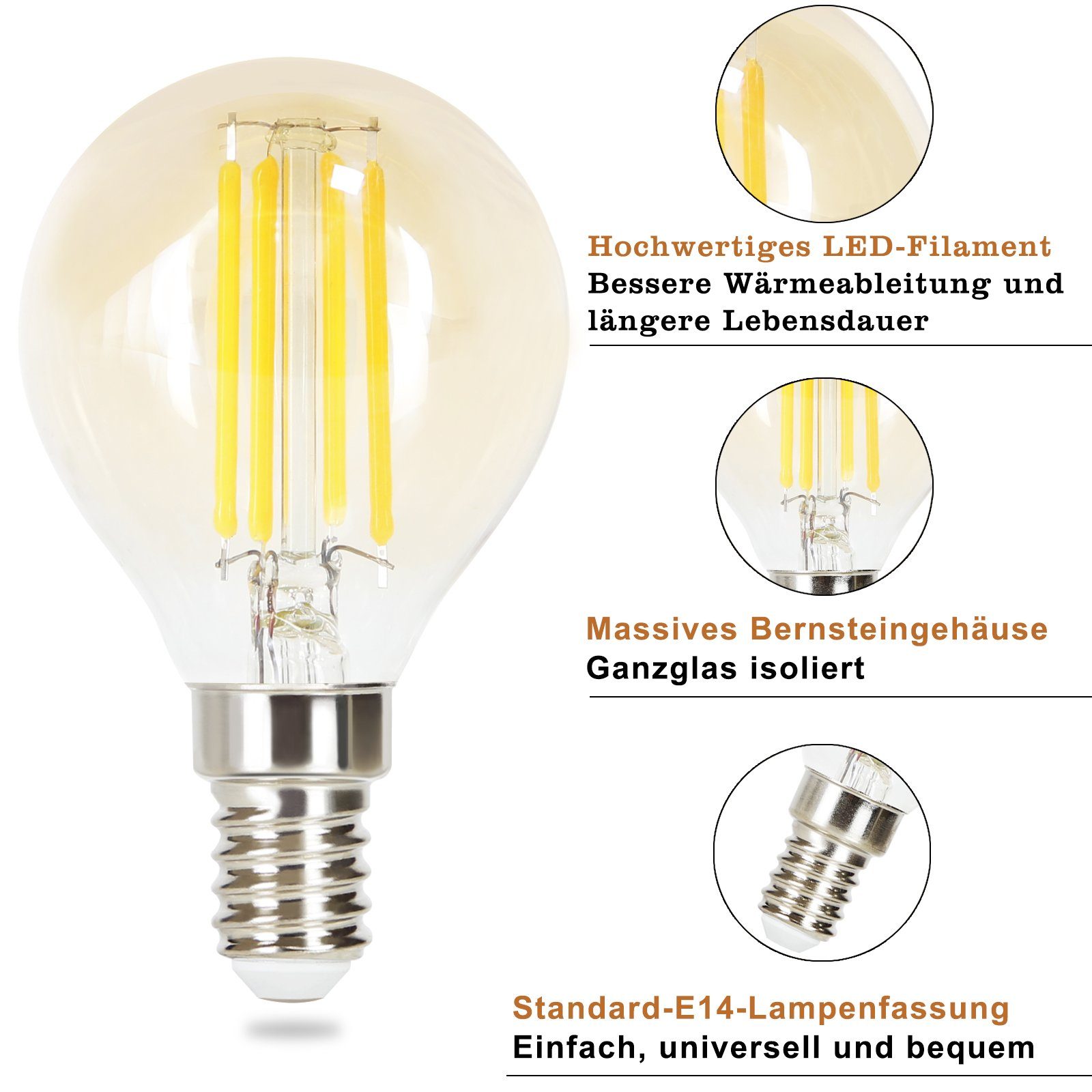 Retro - ZMH 6 Energiesparlampe E14//E27, warmweiß, Glühbirne LED Vintage Edison Filament E14, Glas 2700K St., LED-Leuchtmittel Birne G45