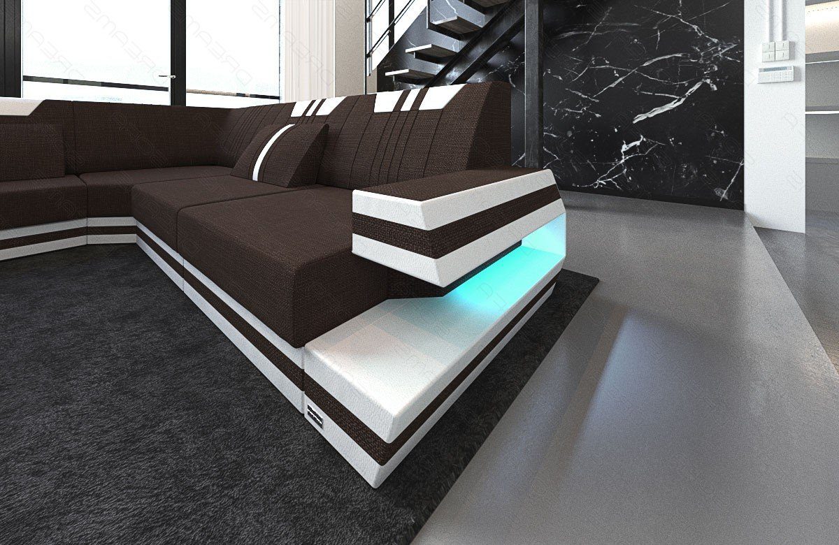XXL Ravenna Bettfunktion Stoffsofa, mit Dreams Strukturstoff Sofa Couch Wohnlandschaft Stoff braun-weiß wahlweise H Sofa Polster