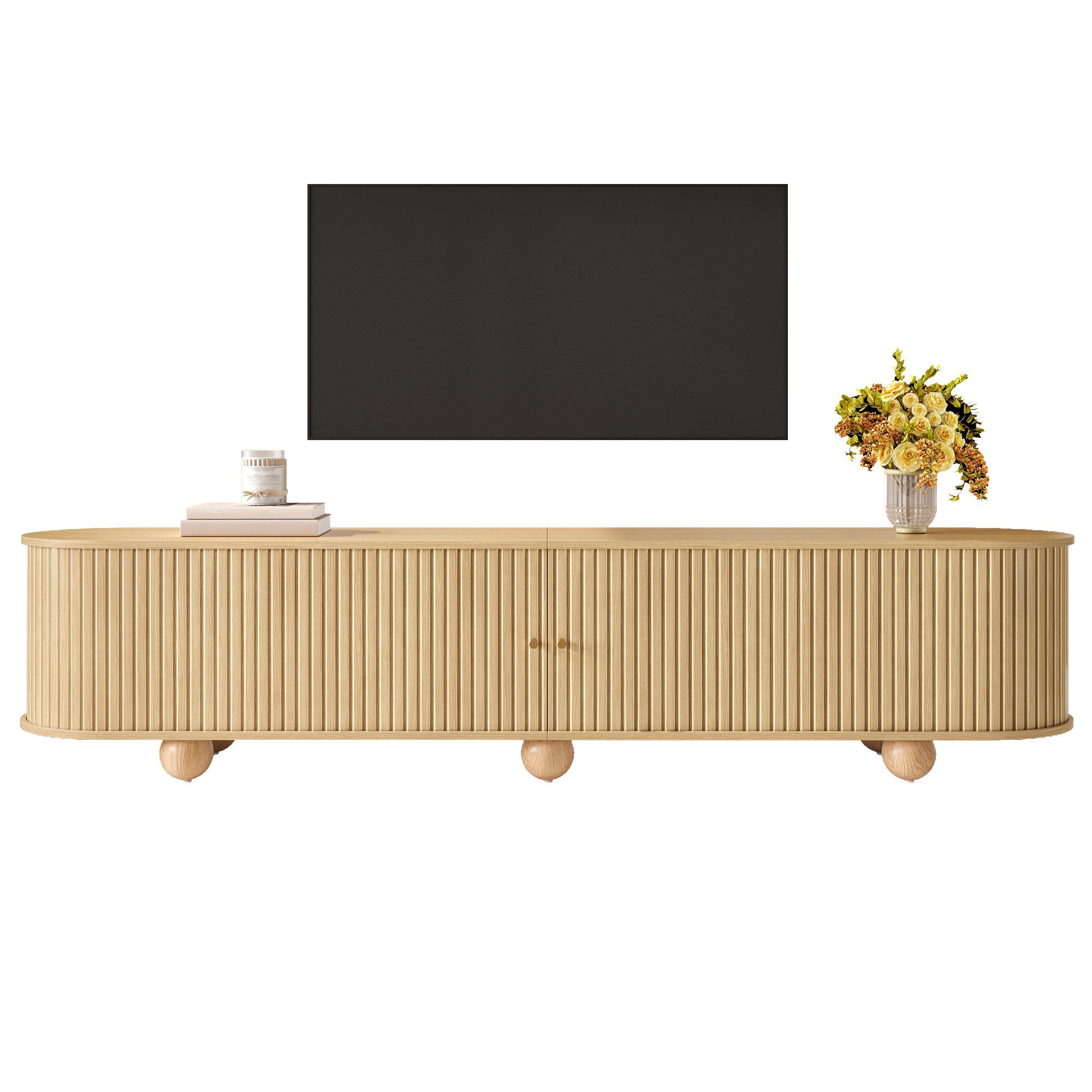 Merax Lowboard im Retro-Design, TV Möbel mit vertikal geriffelten Türen (1 St), TV Schrank mit Schiebetüren, Kugelfüßen & Stauraum, 180×35×45cm
