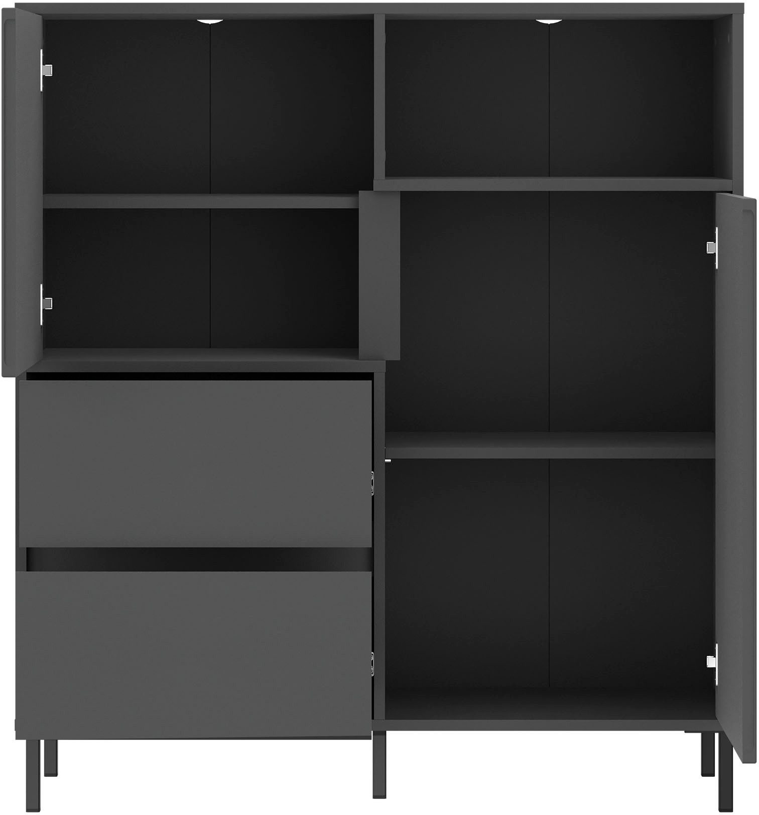 Home affaire Highboard viel Stauraum, Soft Close, 2 Türen und 2 Schubkasten, mit Metallfüßen, Höhe 105 cm, grifflos, Fronten geriffelt