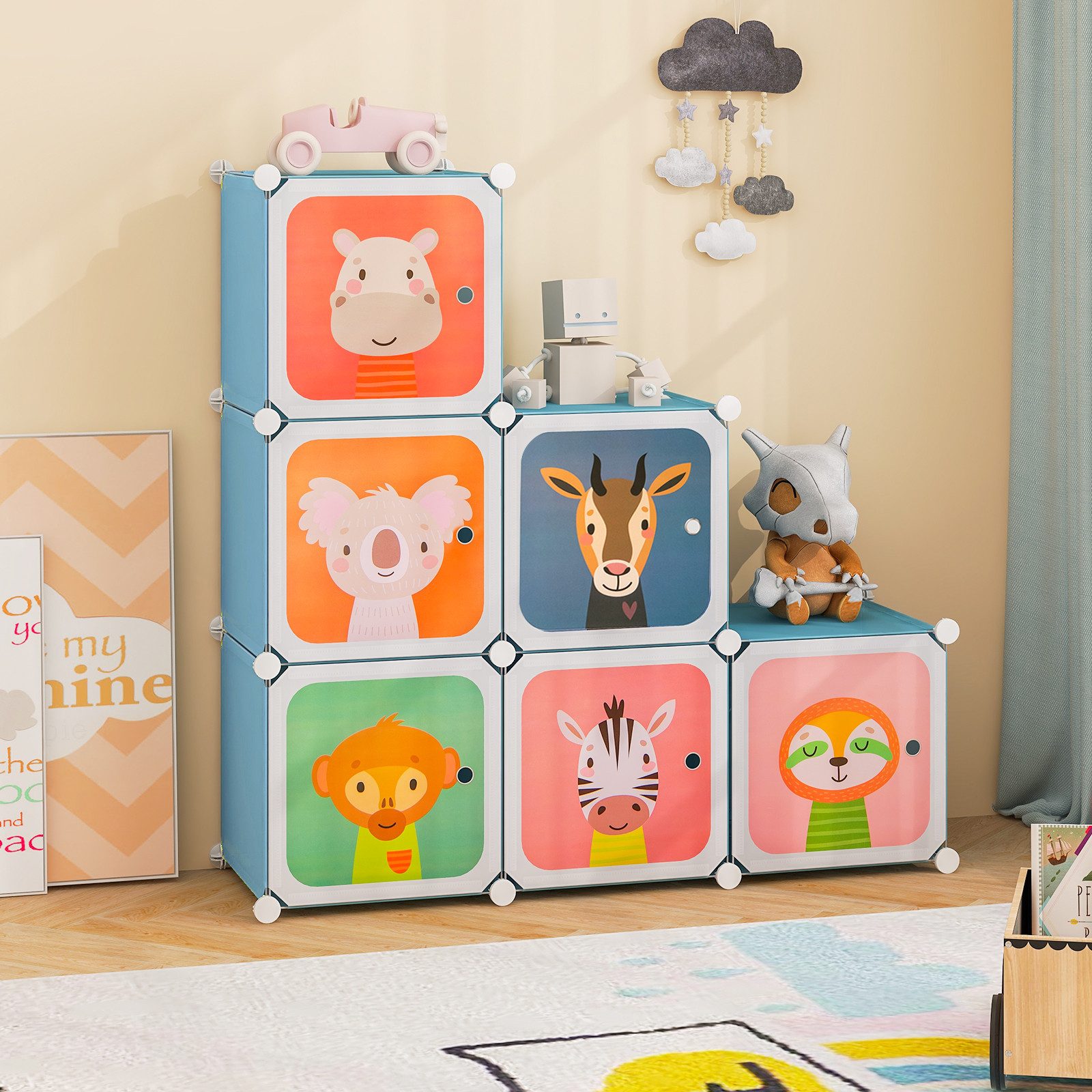 COSTWAY Kinderkleiderschrank mit Kleiderstange und 8 Würfeln, erweiterbar