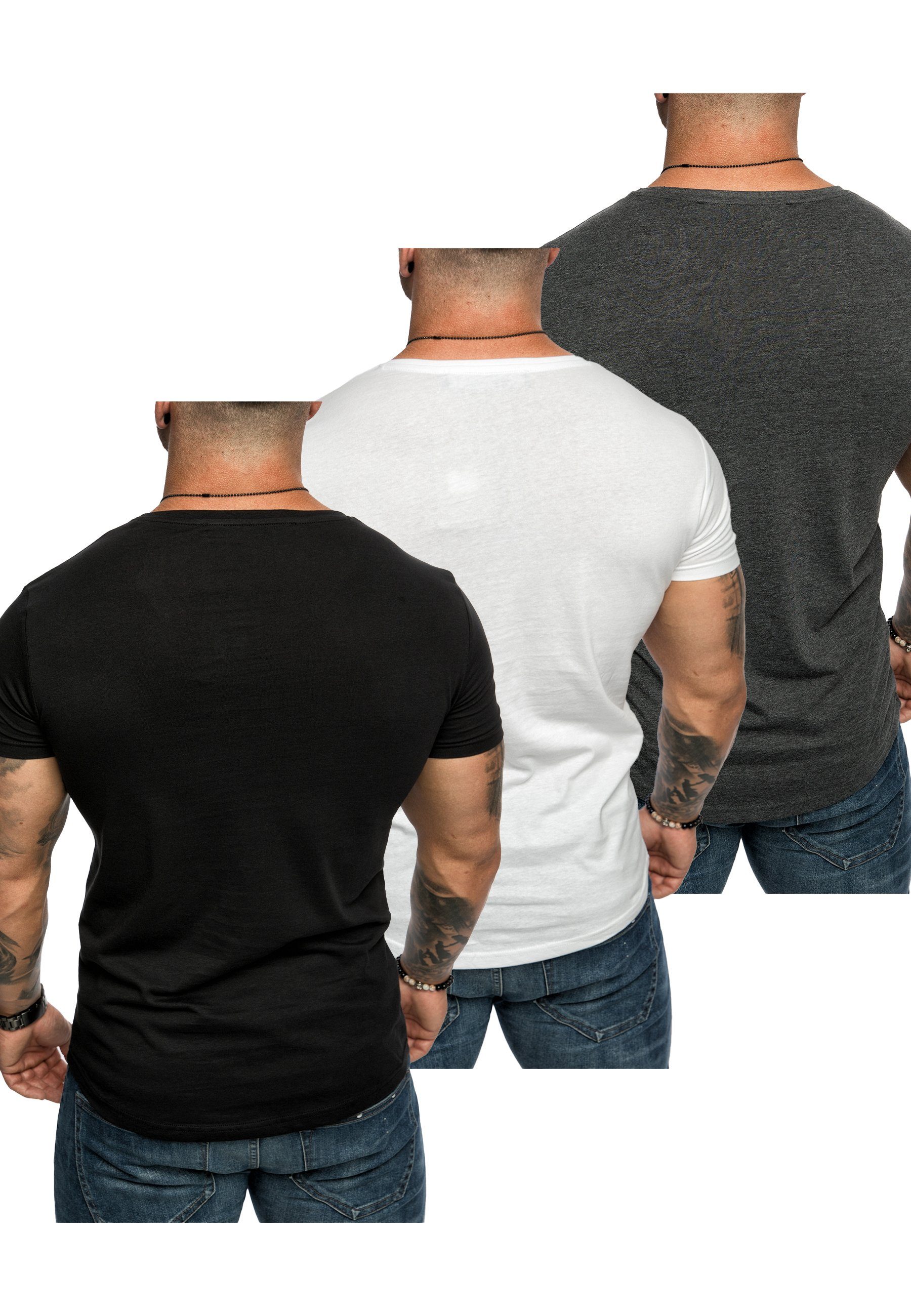 Amaci&Sons T-Shirt 3. T-Shirt Basic + (Schwarz + Oversize T-Shirts Anthrazit) Herren BELLEVUE mit (3er-Pack) Weiß V-Ausschnitt 3er-Pack