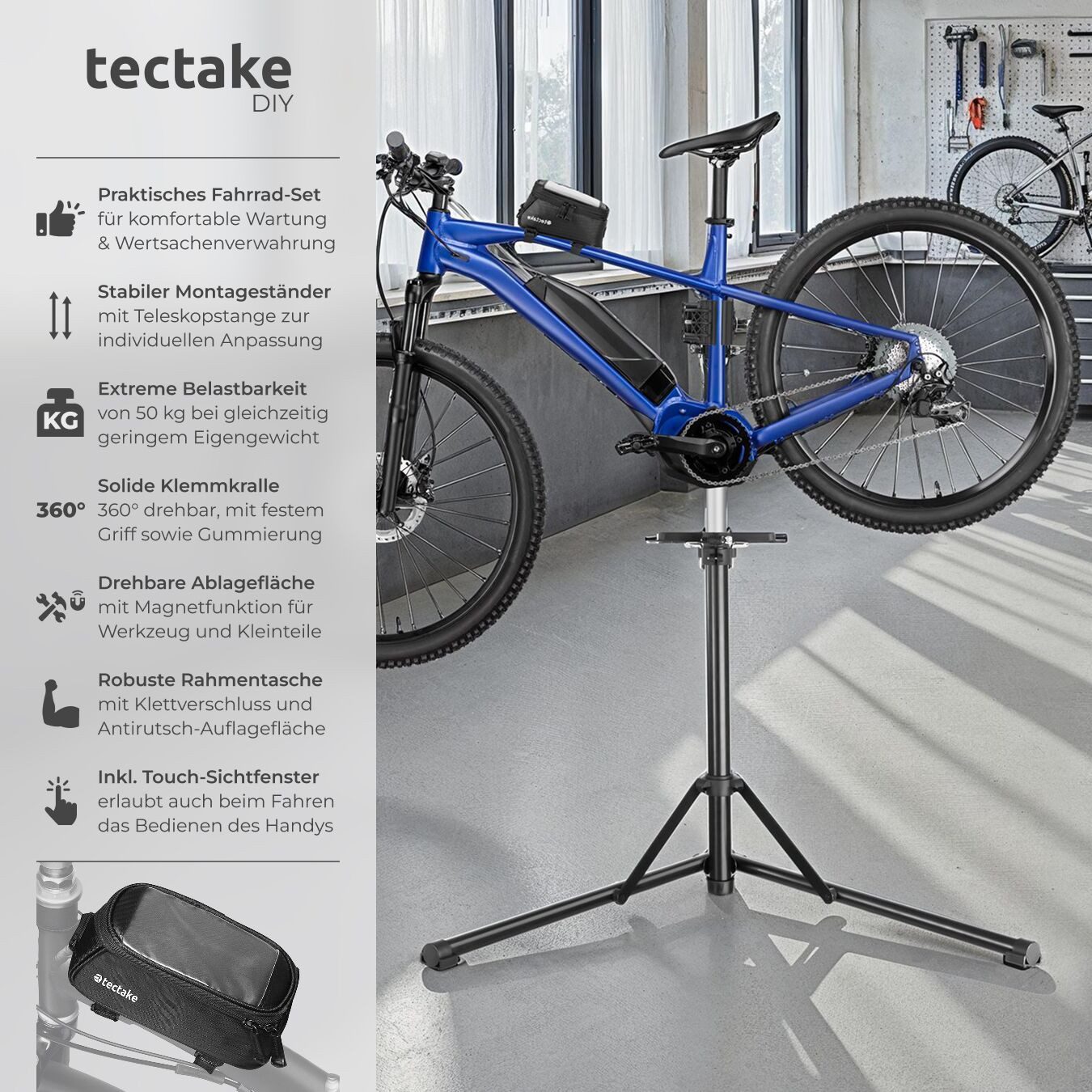 tectake Fahrrad-Montageständer Fahrrad-Set Reparaturständer & Rahmentasche, 360° drehbar (Komplettset, bis 50kg)